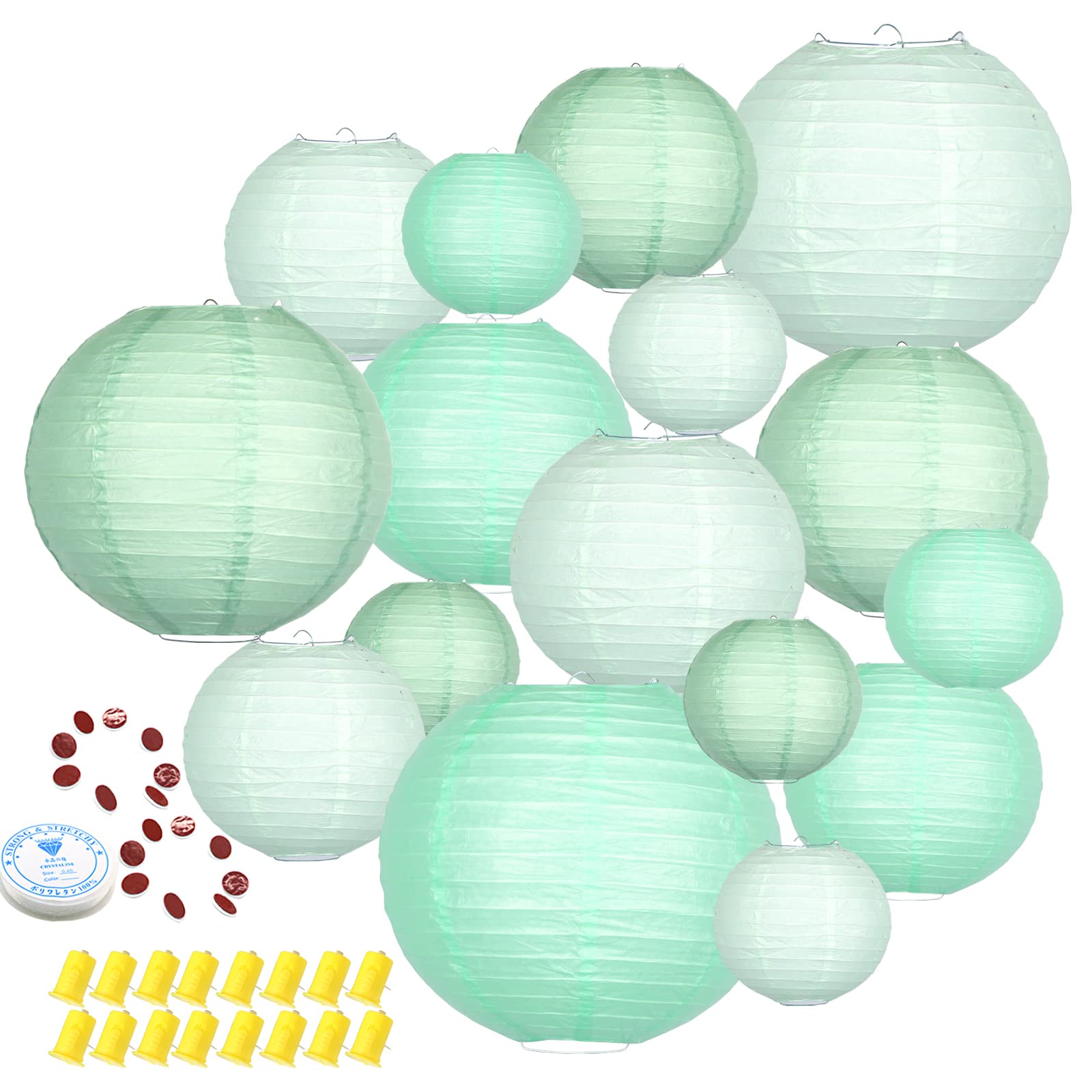 Hanging Paper Lanterns Decorative, Mint Green Blue Chinese Paper Lanterns Ceiling Party Decorations with 16 LED Lights for Graduation Gender Reveal Baby Shower , Pack of 16
