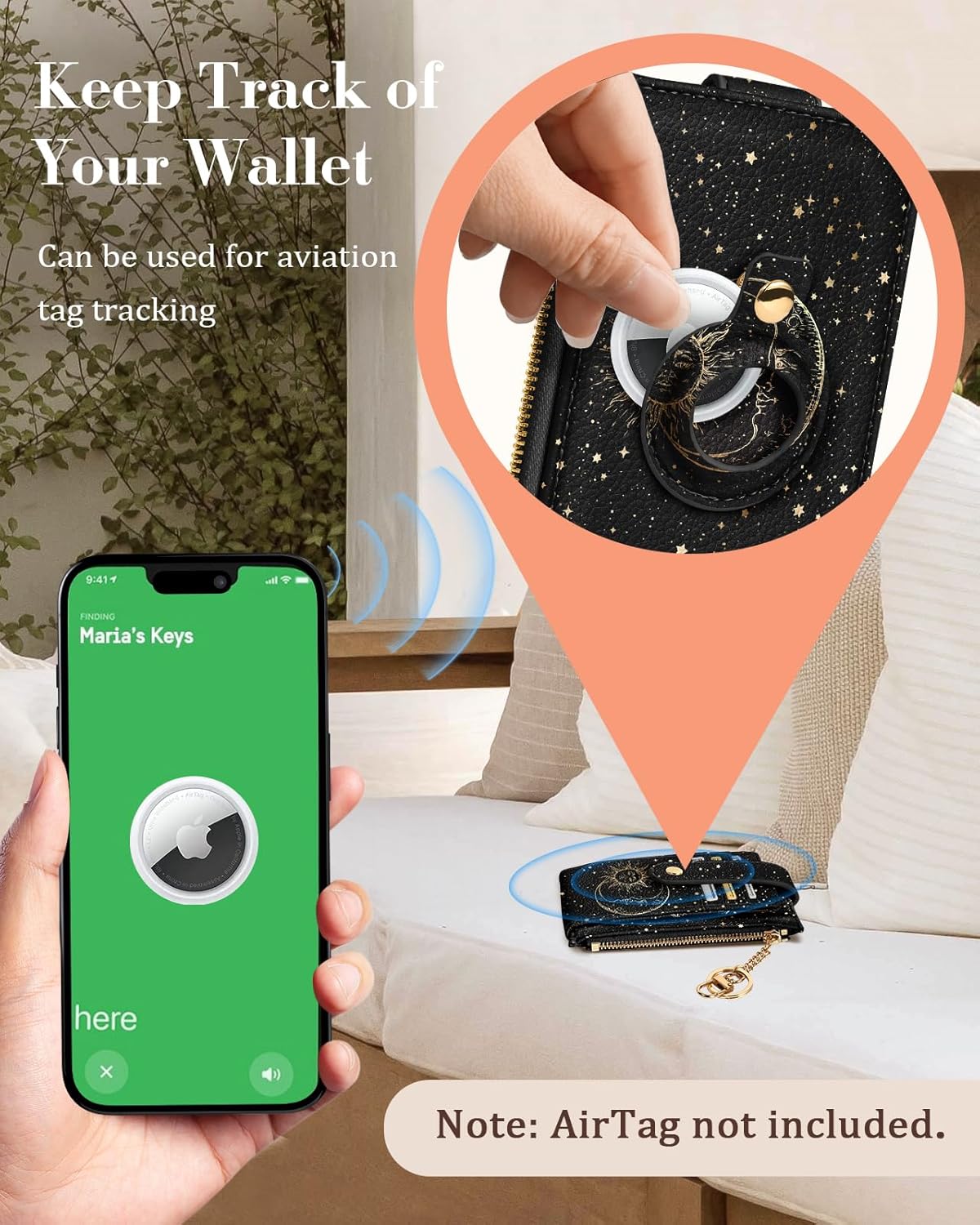 Cute Card Wallet Women with AirTag Holder - Sun Moon Genuine Leather Small Wallets with Keychain RFID Credit Cardholder Air Tag Aesthetic Coin Purse for Female Ladies Teen Girls - Image 2