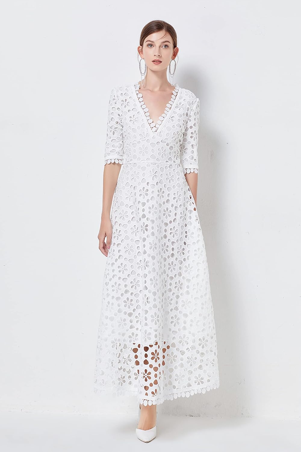 Ladies Runway Summer Lace Party Maxi Dress Elegant Women Deep V Neck White Hollow Out Slim Hook Flower Long Dress