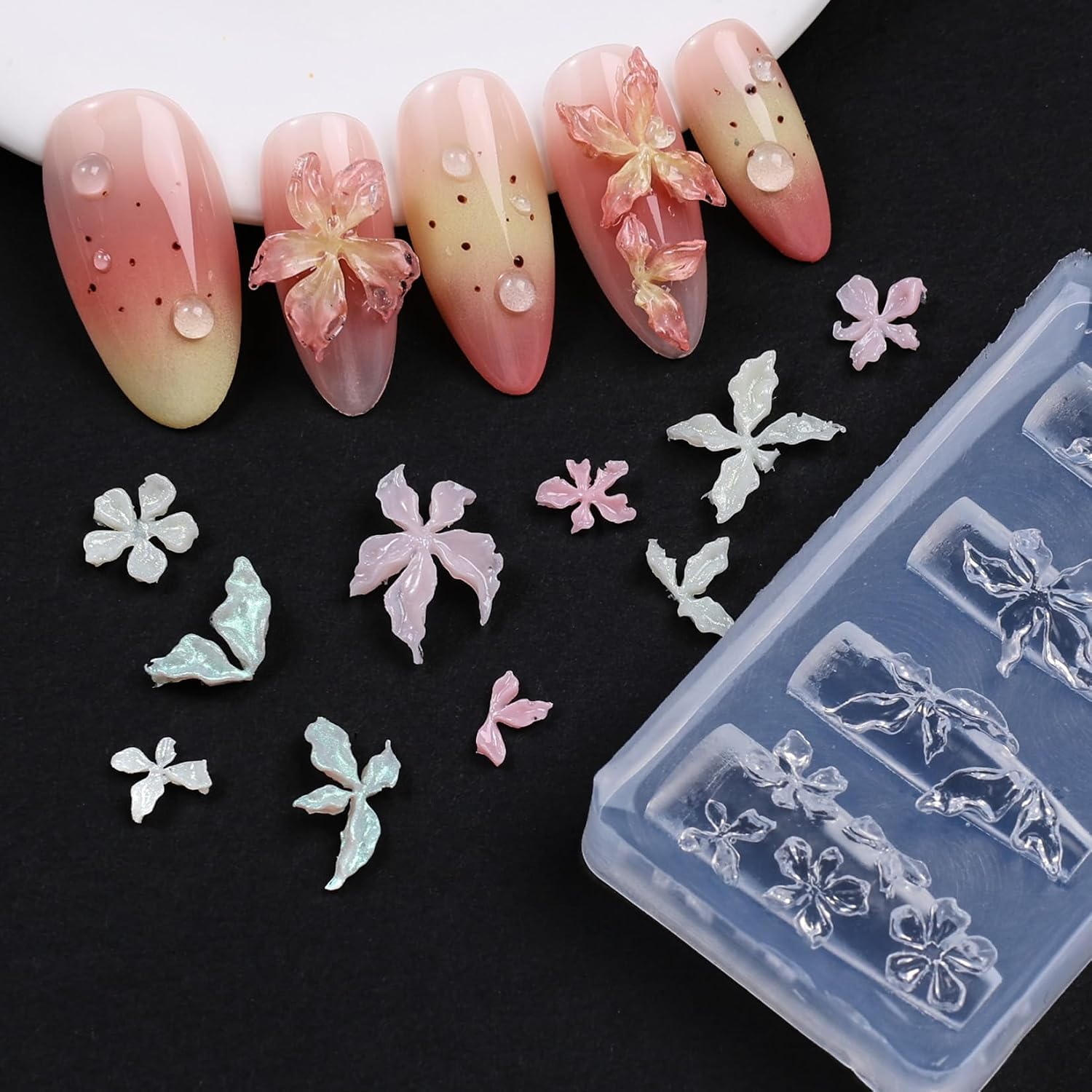 Nail Mold Set, 2PCS 3D Flower Silicone Nail Art Mold with Carving Pen Plumeria Hibiscus Floral Nail Decoration for Acrylic Gel UV Resin DIY Nail Design Manicure Template Embossing Tools Nail Supplies