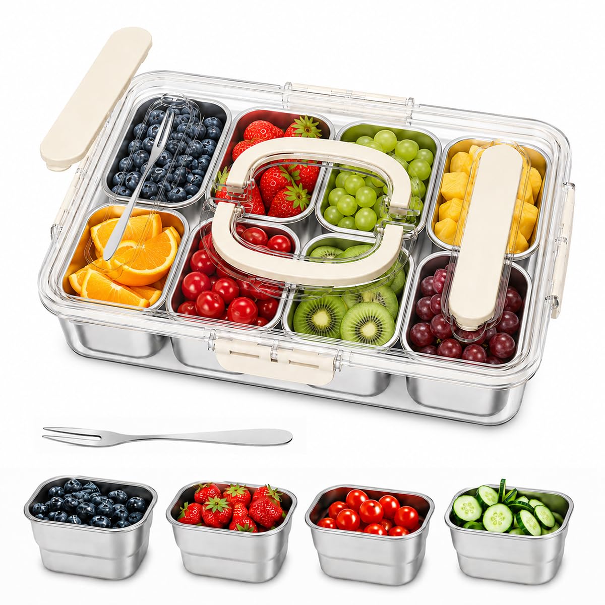 Photo 1 of Ankou Snackle Box Container, Stainless Steel Divided Serving Tray with Lid, Handle and Forks