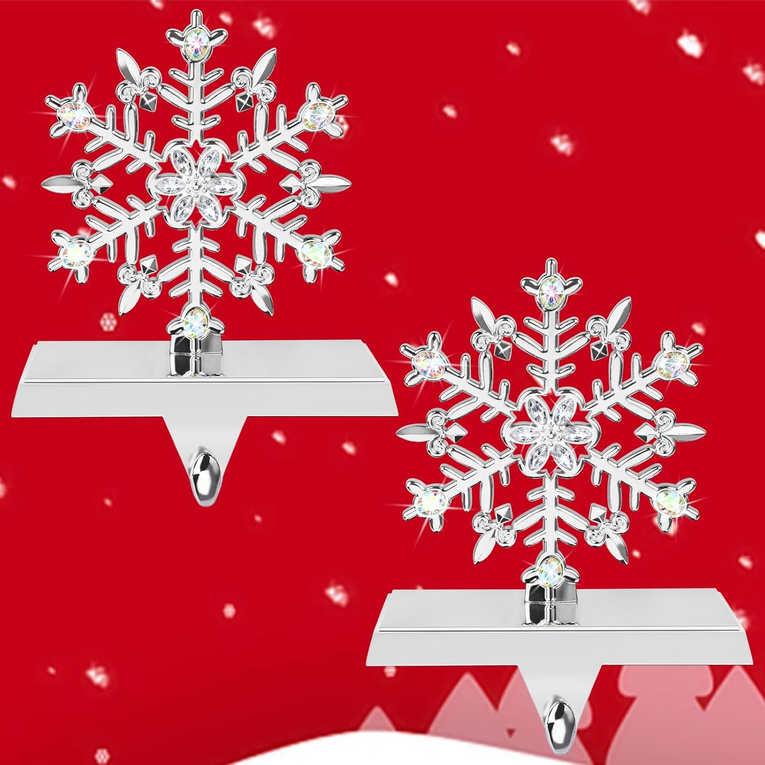 2pcs Snowflake Stocking Holder Sturdy Silver Metal Christmas Stocking Holder Stand 3D Snowflake Stocking Hangers for Mantel Christmas Fireplace Decorations Xmas Holiday Supplies