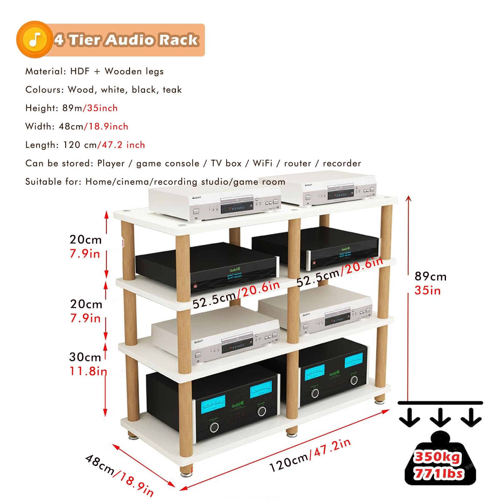 Estante para amplificador de doble ancho de alta resistencia, soportes estéreo de 2, 3 y 4 niveles para equipos de audio HiFi DAC, gabinete de entretenimiento pequeño, patas de madera, centro de ent