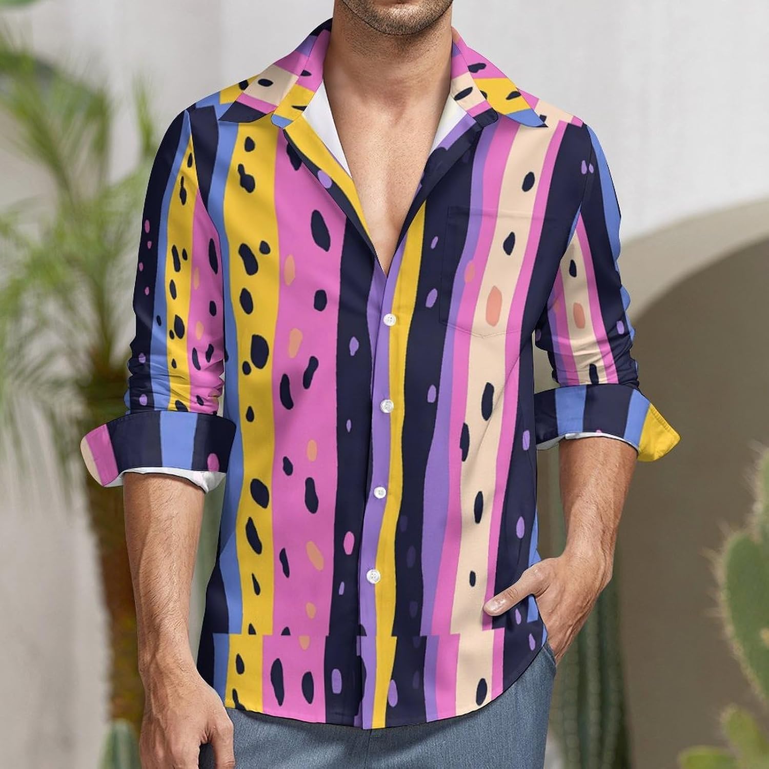 Leopard Long Sleeve Shirts Casual Dress Shirt Button-down T-shirts for Men