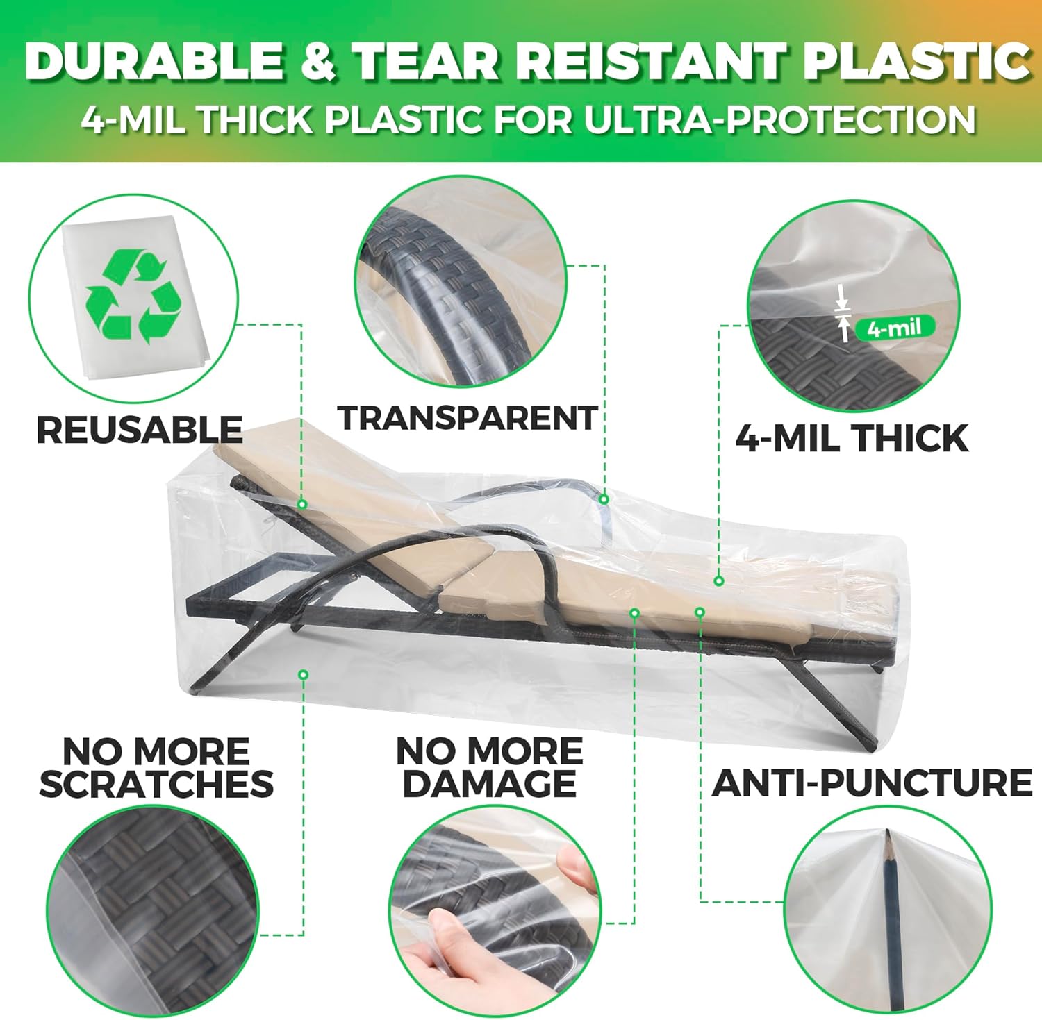 2-Pack Waterproof Outdoor Chaise Lounge Covers for Patio Furniture - Reusable & Heavy-Duty Clear Plastic Outdoor Furniture Covers Waterproof for Lounge Chairs, 84" x 32" x 32" - Image 3