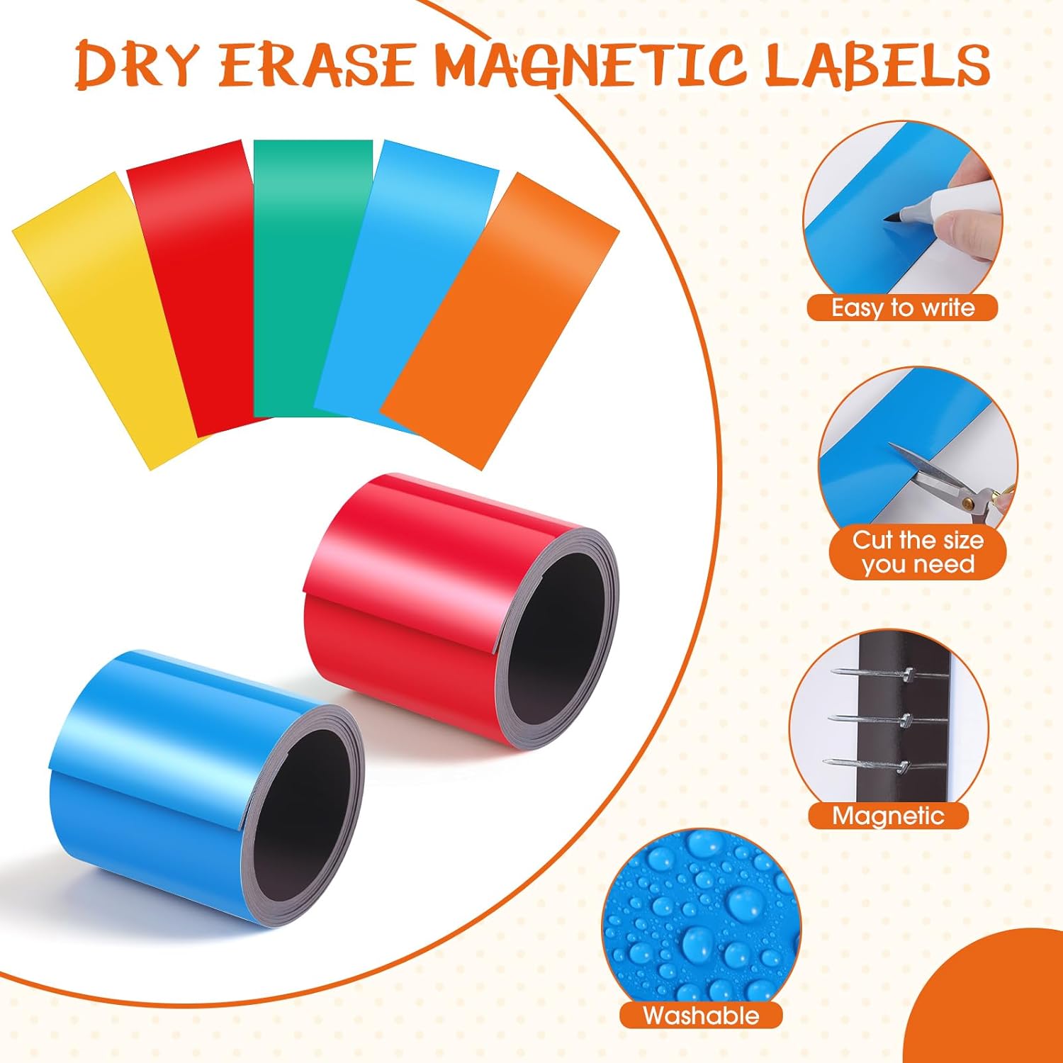 Crtiin 6 Rolls Dry Erase Magnetic Tape Adhesive Colored Magnetic Strips Roll Blank Sentence Labels Writable Stickers for Whiteboards Classroom DIY Crafts(Colorful,2 Inch X 3.3 ft)