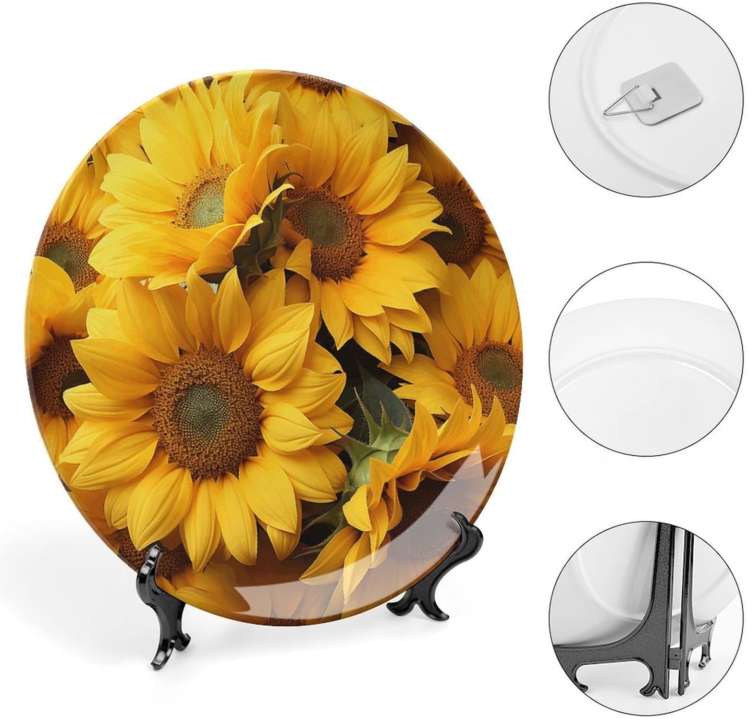 Many Sunflowers Decorative Ceramic Plate Round Porcelain Plate Decor Personalized Bone China Decorative Plates Ceramic Ornaments Dessert Plates with Display Stand 10inch