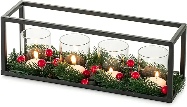 Modern Black Metal Advent Candlestick with Glass Windshield - LED Advent Light Stand