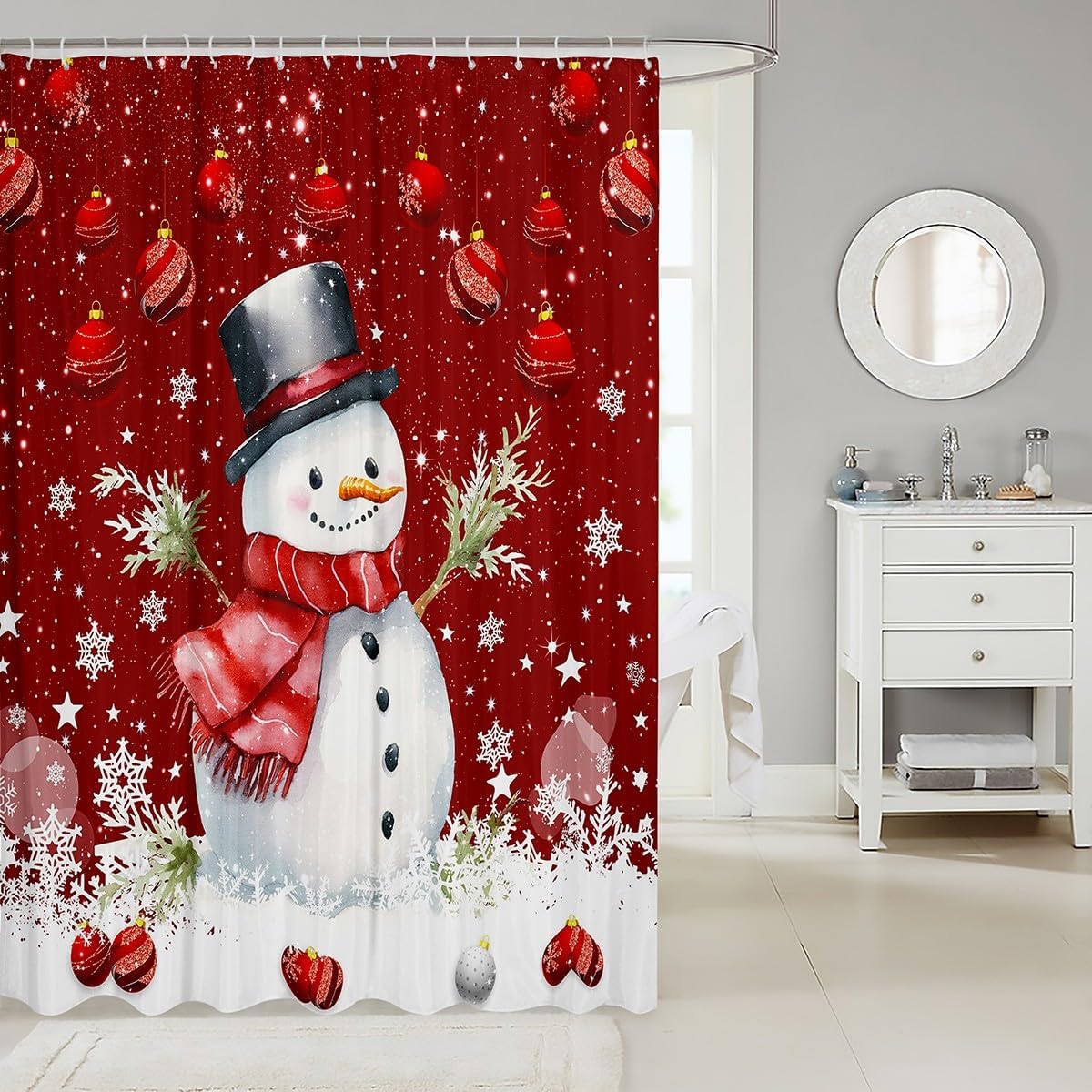 Cute Snowman Shower Curtain,Merry Christmas Bathroom Curtain Xmas Red Bells and Snowflake Waterproof Curtain for Kids Boys Girls Teens Room Decor Watercolor Cartoon Bath Curtain,12 Hooks,72"Wx84"L