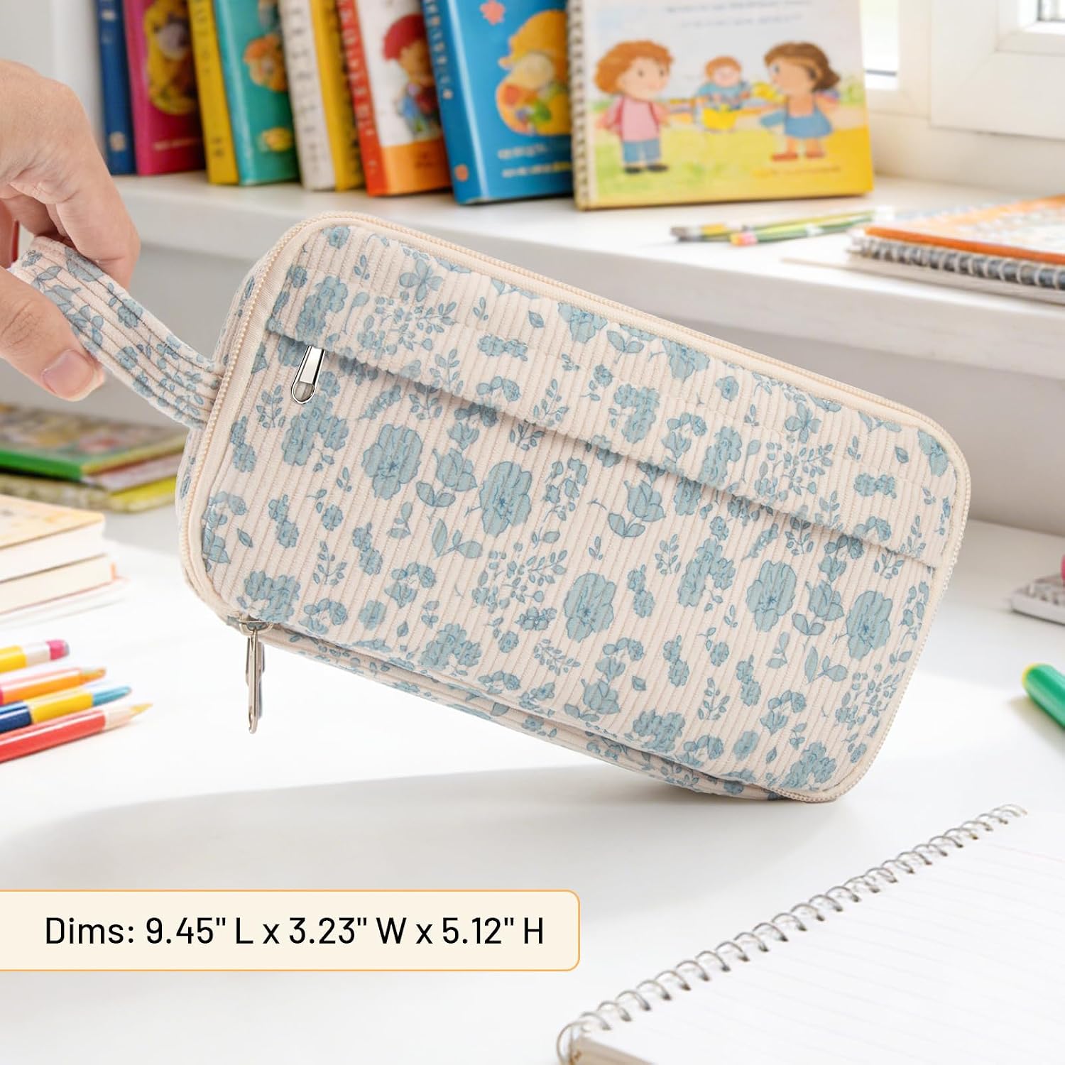 Cute Corduroy Pencil Case Pouch with Handle,Extra Large 4 Compartment Aesthetic Pen Case Pouch Organizer Gifts for Teen Girls,School,College,Birthday Gifts (Beige Strawberry)