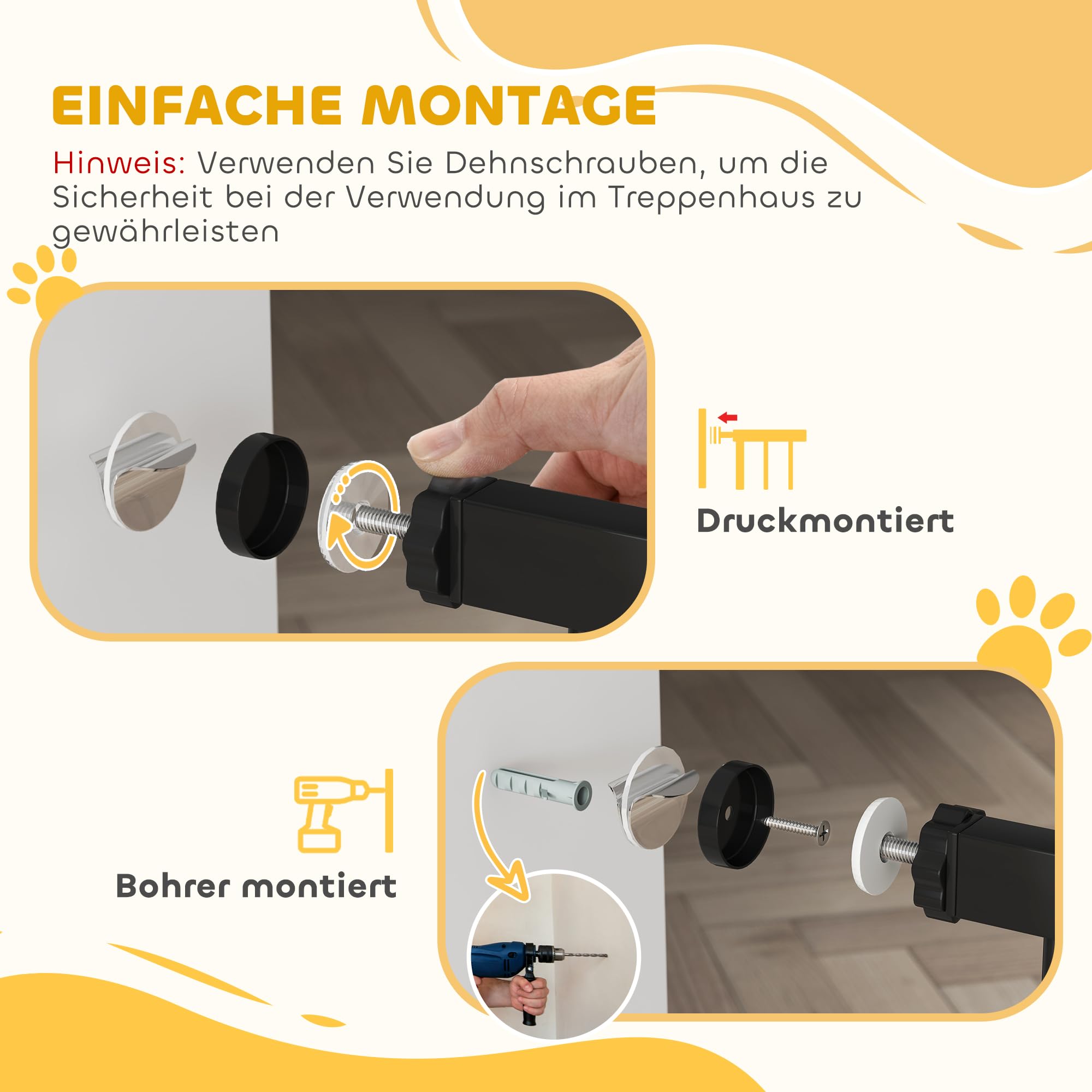 Cancelletto di sicurezza per cani PawHut, cancelletto per cani da 75-115 cm, cancelletto per bambini, cancelletto a morsetto, cancelletto di sicurezza, apertura a due vie, acciaio, nero