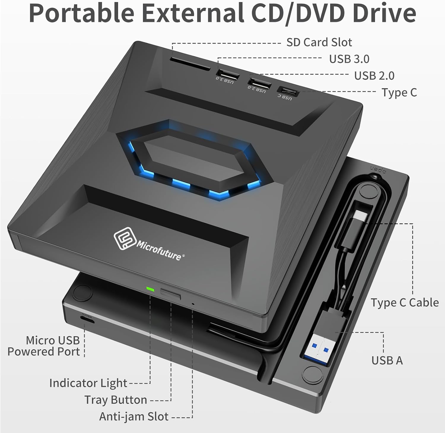 MICROFUTURE Slim Portable DVD Burner, USB 3.0/Type-C Dual Interface, Plug & Play for Laptop/Mac/PC - SD/TF Card Reader, Anti-Vibration & High-Speed CD/DVD RW Drive, Compatible with Linux, Mac
