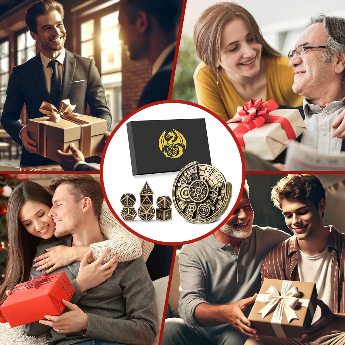 Jeu de Roulette Dés D&D en Métal, 7-en-1 Métallique Engrenage Spinner + 7 Dés DND Polyédriques en Métal, Cadeaux D&D avec Boîte Cadeau, RPG, MTG, Jeux de Tableau, Accessoires pour Jeux de Rôle, Bronze