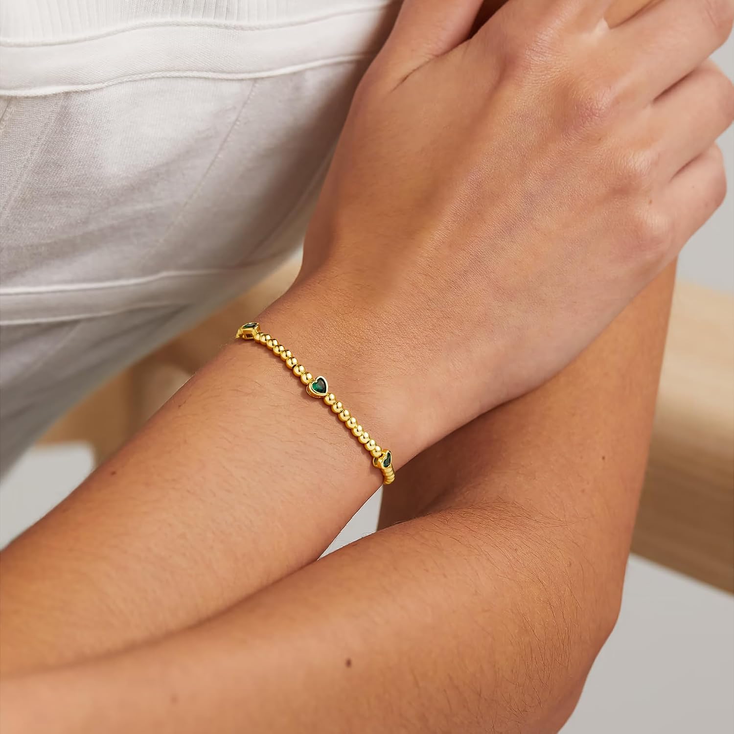 M MOOHAM Heart Birthstone Bracelets for Girls Kids Women,Beaded Bracelet | 14K-Gold-Plated,Stretch Beaded Bracelet,Dainty Heart CZ Birthstone,Birthday Gifts for Teenager Girls Women,Trendy Jewelry