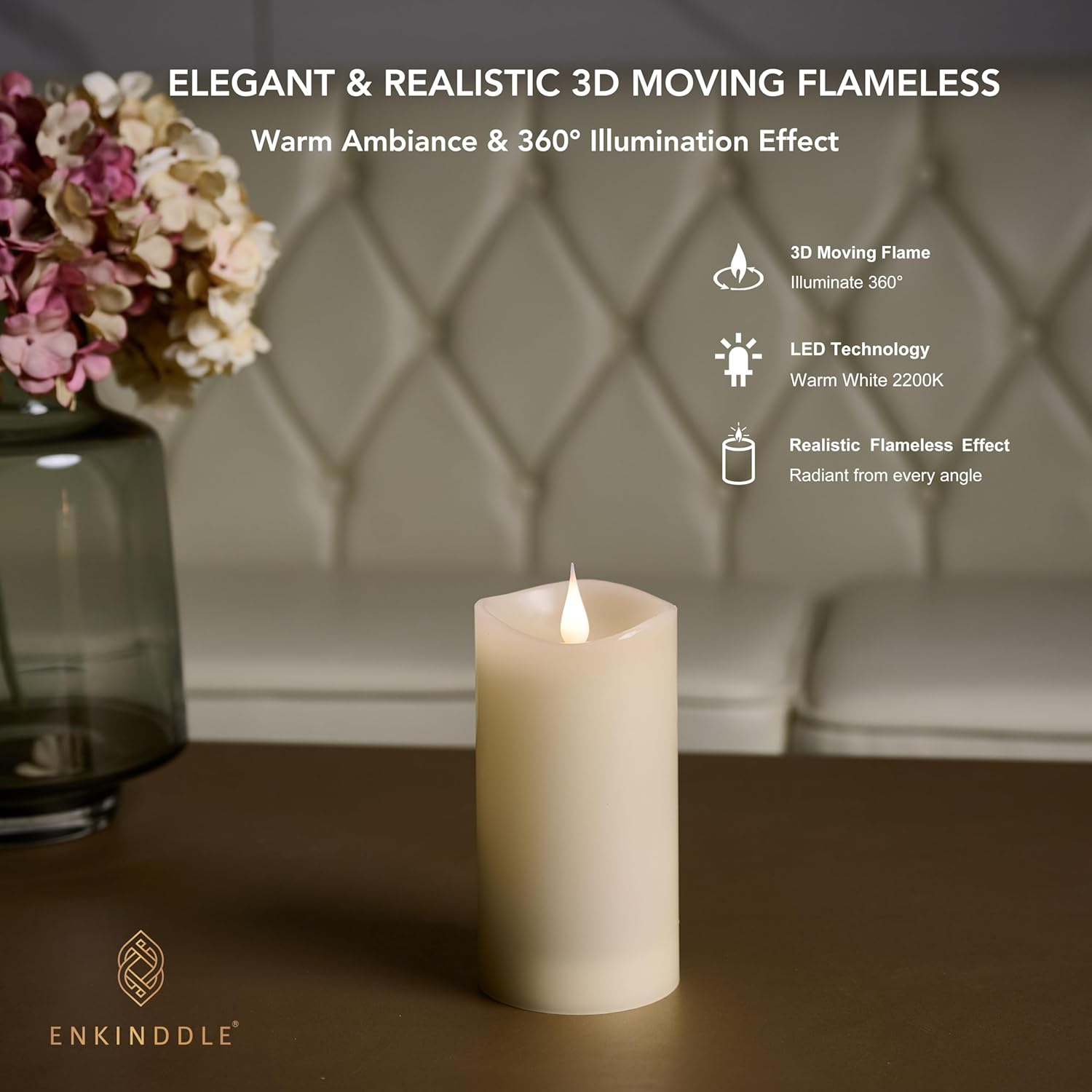 Flameless Candles with Timer, 3D Moving Flame LED Pillar Candle, Real Wax Flickering Candle, Battery Operated, Ivory 3"x6.12" for Table Centerpiece & Home Décor