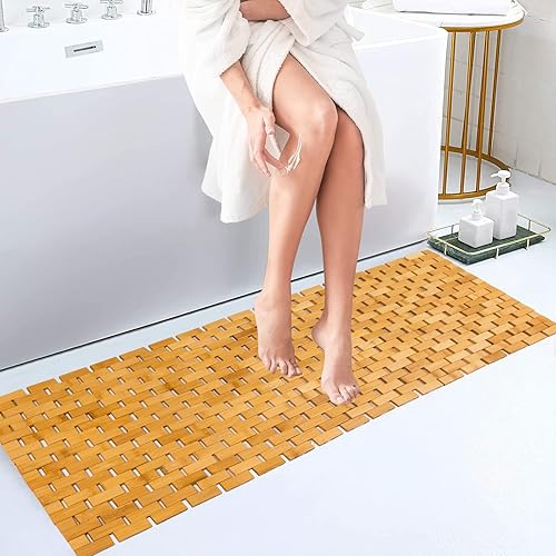 Alfombra de baño de Bambo, alfombra larga y grande, impermeable, antideslizante, accesorios de 16 x 48 pulgadas, fácil de limpiar, natural, 1 unidad