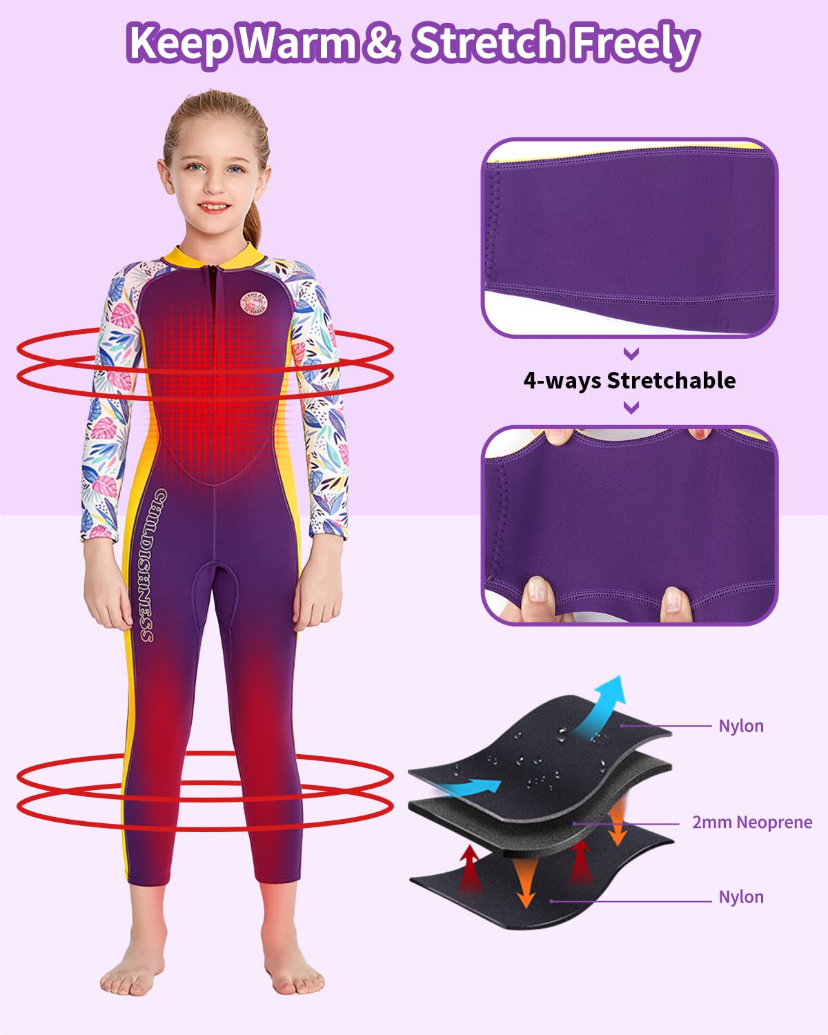 Gogokids Combinaisons Humides pour Filles - Enfants Une Pièce Combinaisons de Plongée 2mm Néoprène Manches Longues Protection Solaire pour Natation Surfing Sports Nautiques