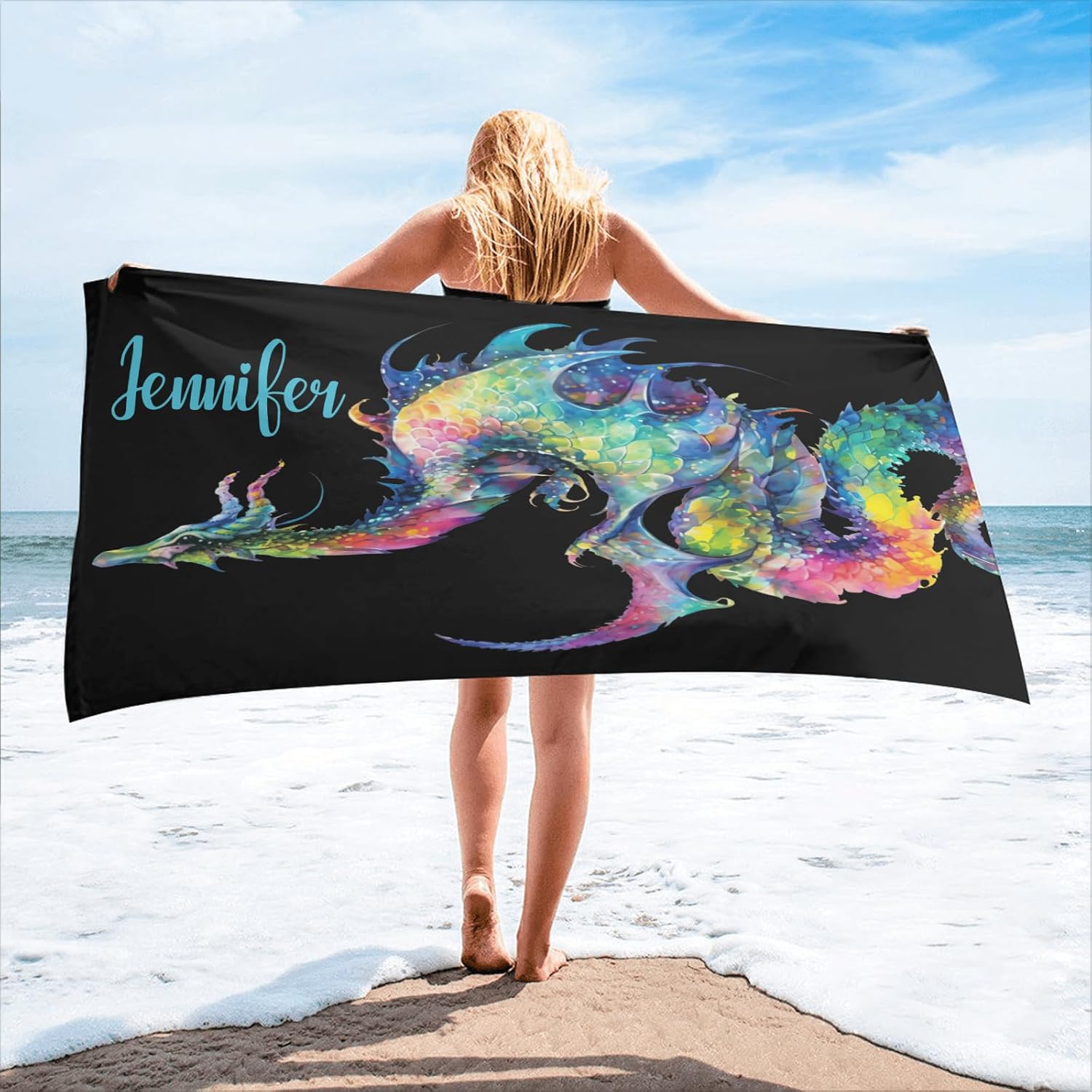 Black Watercolor Dragon Personalized Beach Towel with Name Quick Try Bath Towels for Sport Baseball Basketball Gift 30x60 inch 2 Sides Printed
