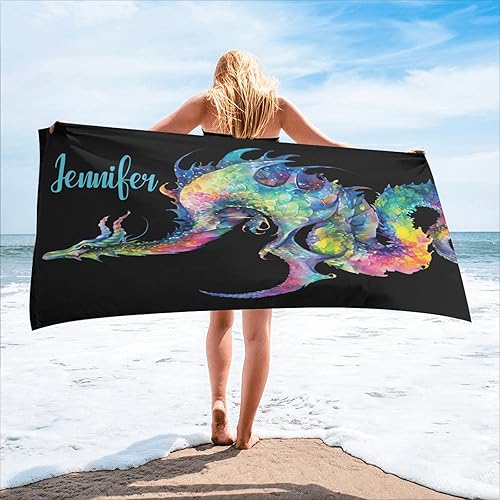 Toalla de playa personalizada de dragón de acuarela negra con nombre, toallas de baño para deporte, béisbol, baloncesto, regalo, 30 x 60 pulgadas, 2