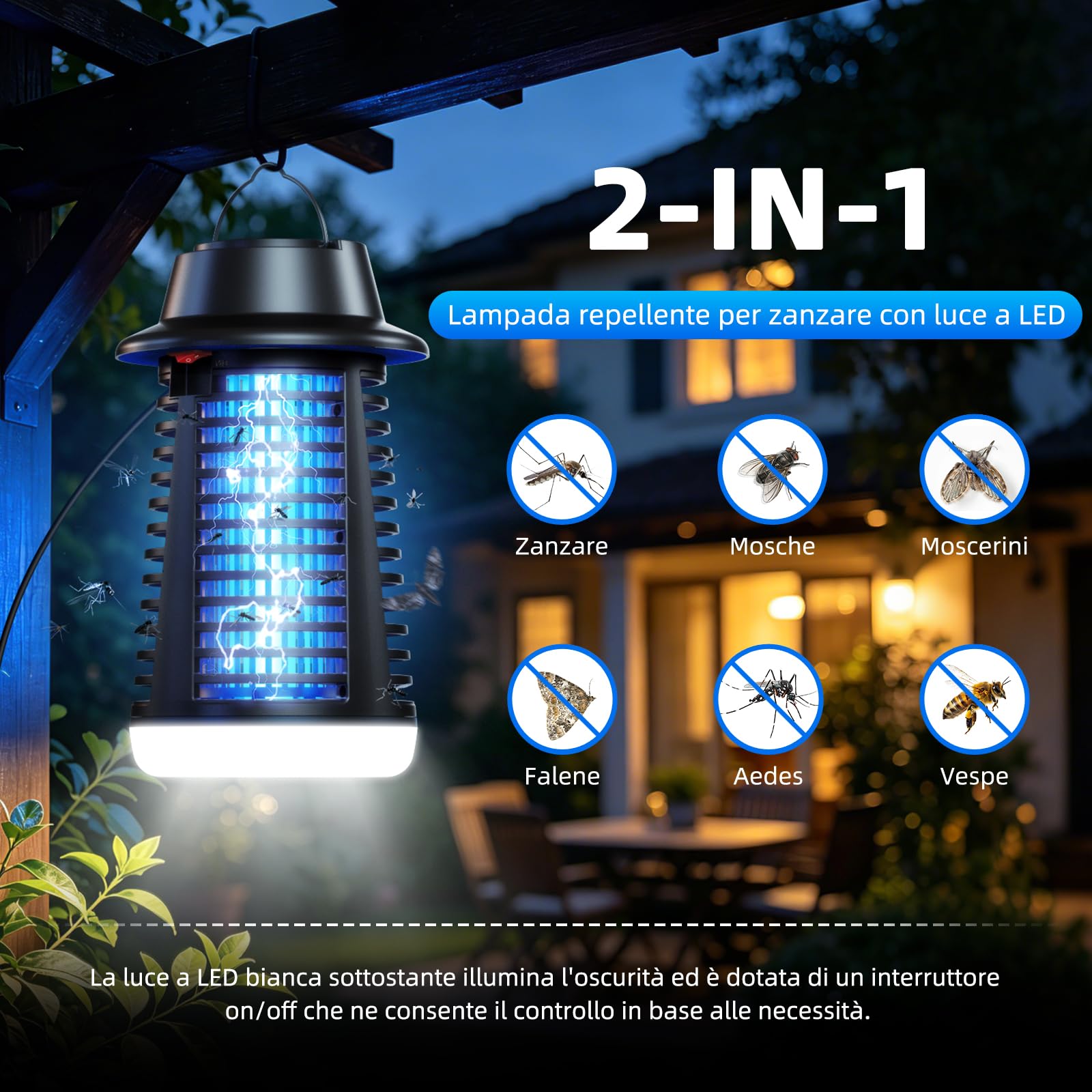 Lampada Antizanzare, Lampada per Zanzare 4250V con Tenuta IPX4, Luce UV 20W e Illuminazione a LED, Ammazza Zanzare Elettrico per Camera da Letto Interni Terrazza Giardino sul Retro