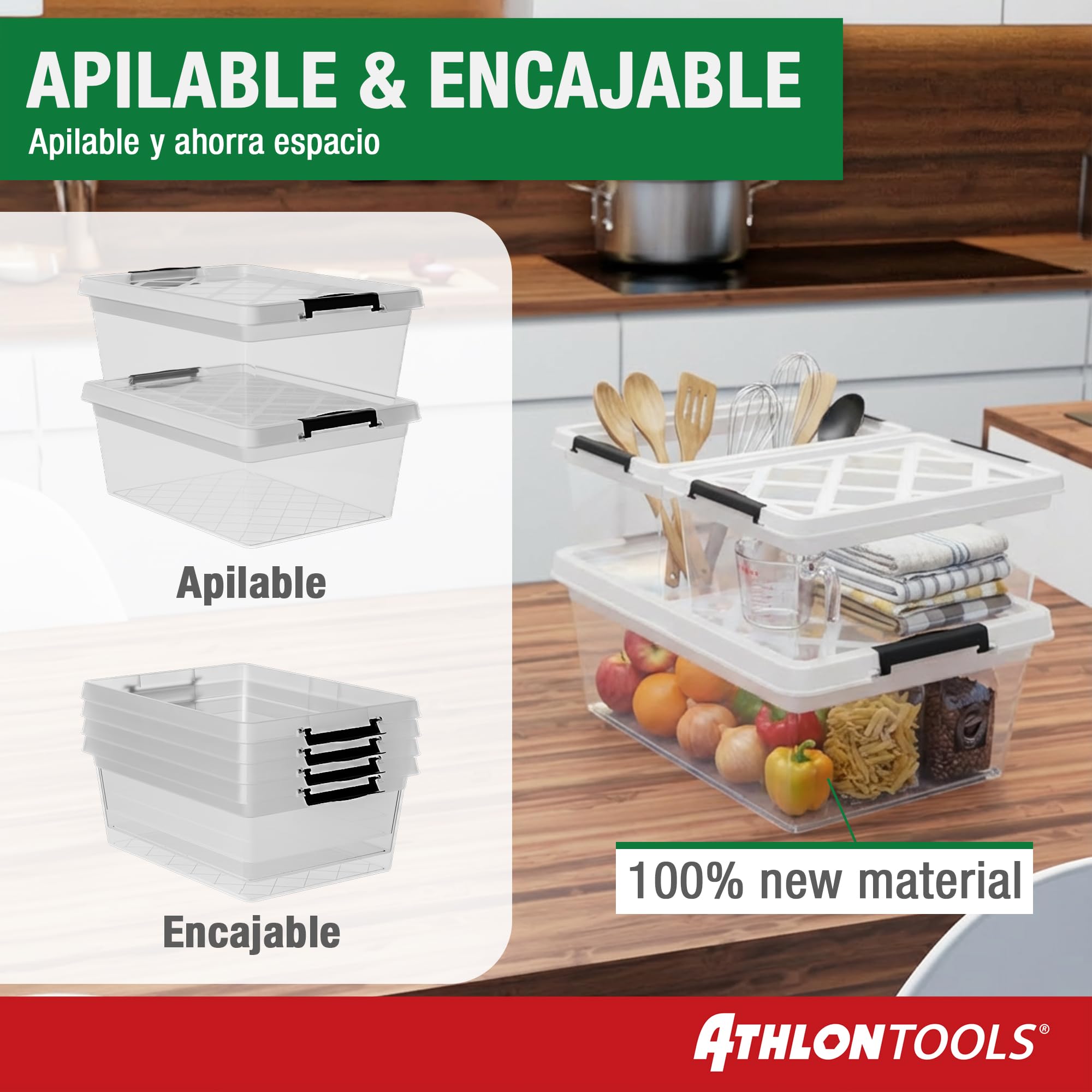 ATHLON TOOLS 4 cajas de almacenamiento de 12.5 L con tapa, aptas para alimentos, clips de cierre, caja de plástico 100% transparente, cajas de ropa apilables