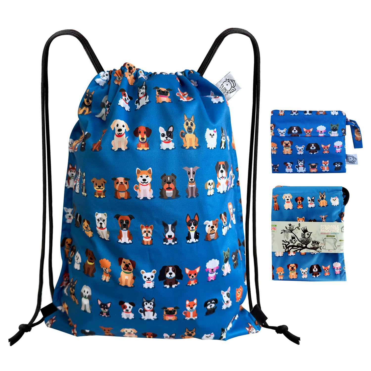 FLOCK THREE Leakproof Drawstring Backpack Sports Gym Bag Large Capacity With Pocket for Sports Gym Travel Swimming Beach (Cute Dogs)