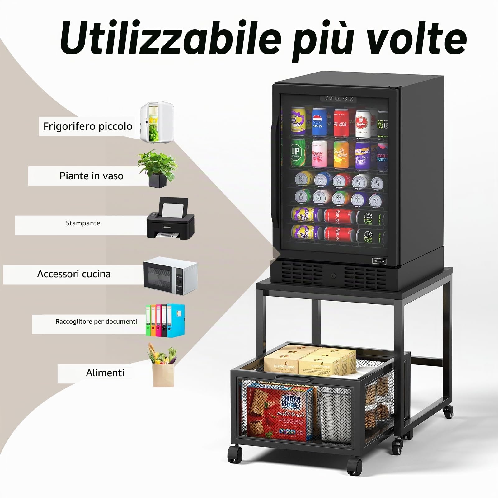 Tavolo per stampante con stoccaggio Drawer, supporto per stampante con ruote universali, supporto per stampante portatile in legno e metallo, 50 x 50 x 43 cm, portata fino a 70 kg, per ufficio, casa