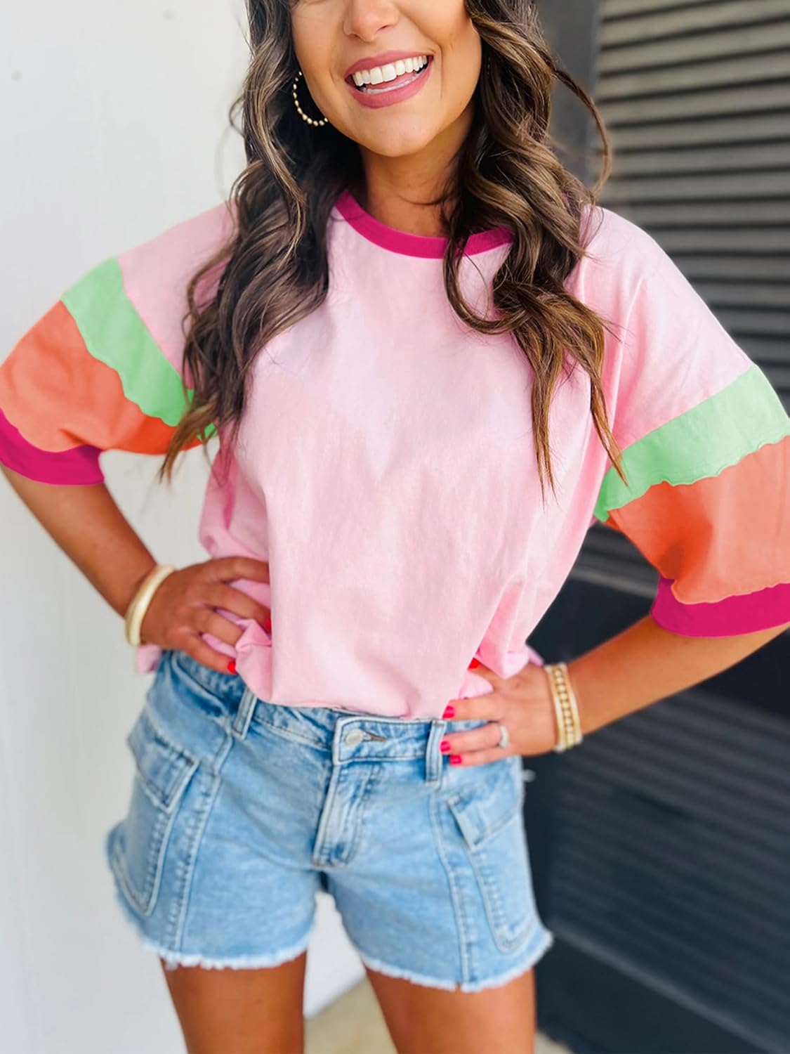 miduo Womens Casual Loose Fit Color Block Stitching Short Sleeve Crew Neck Top T Shirts - Image 2