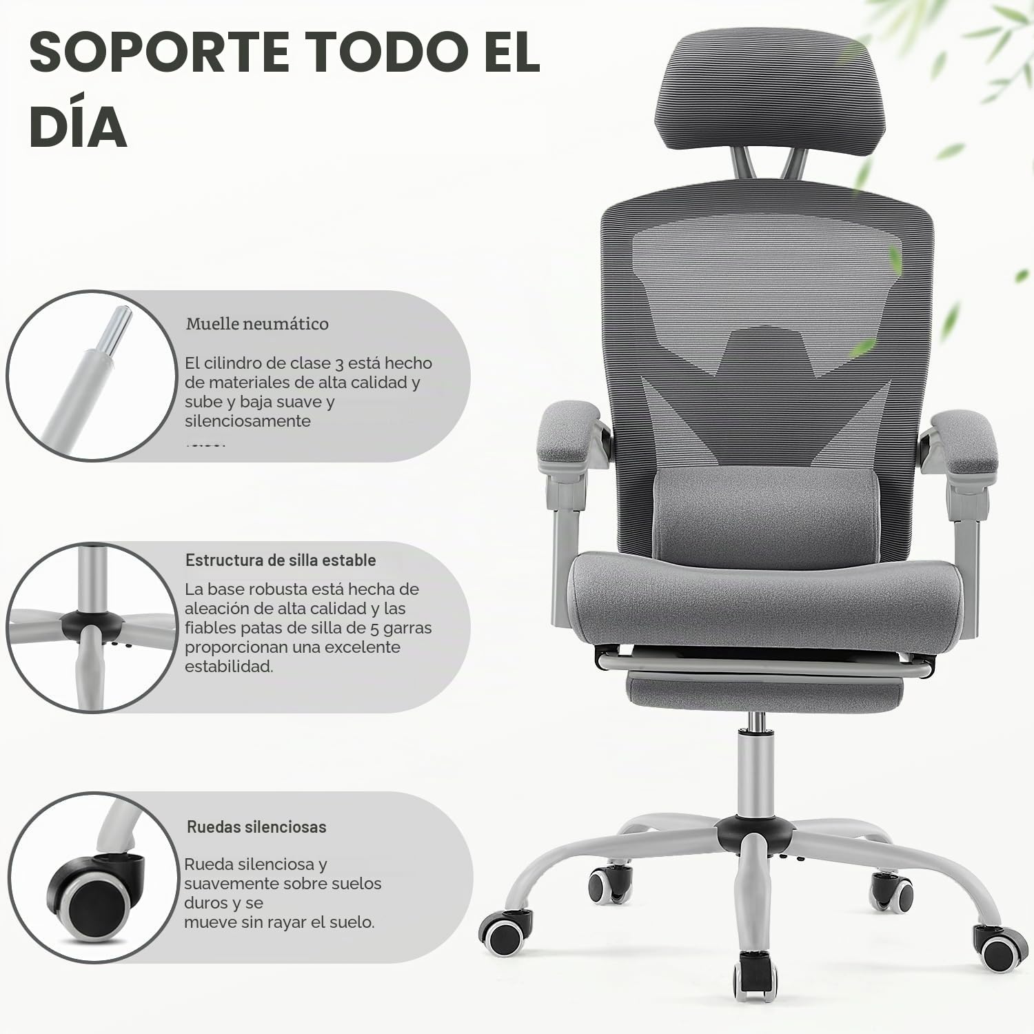 DUMOS Silla de Oficina Ergonómica: Adecuada para el hogar y la oficina, con Soporte Lumbar y Reposapiés, Gris