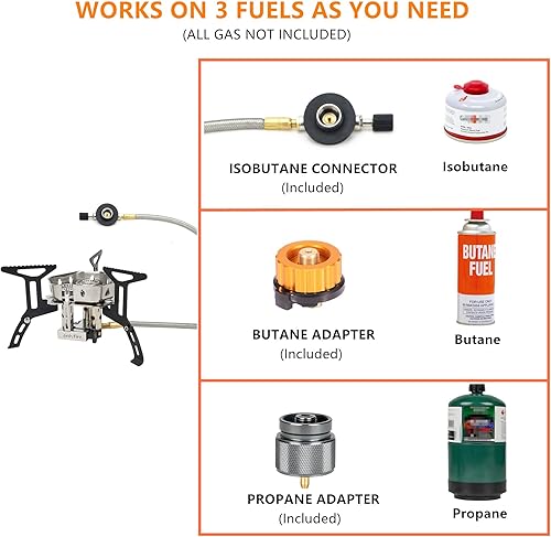 Miniatura 6 de ONLYFIRE OUTDOOR LIVING Estufa de gas portátil para acampar de 6800 W, pequeña estufa de mochilero con adaptador de gas propano, mini estufa de