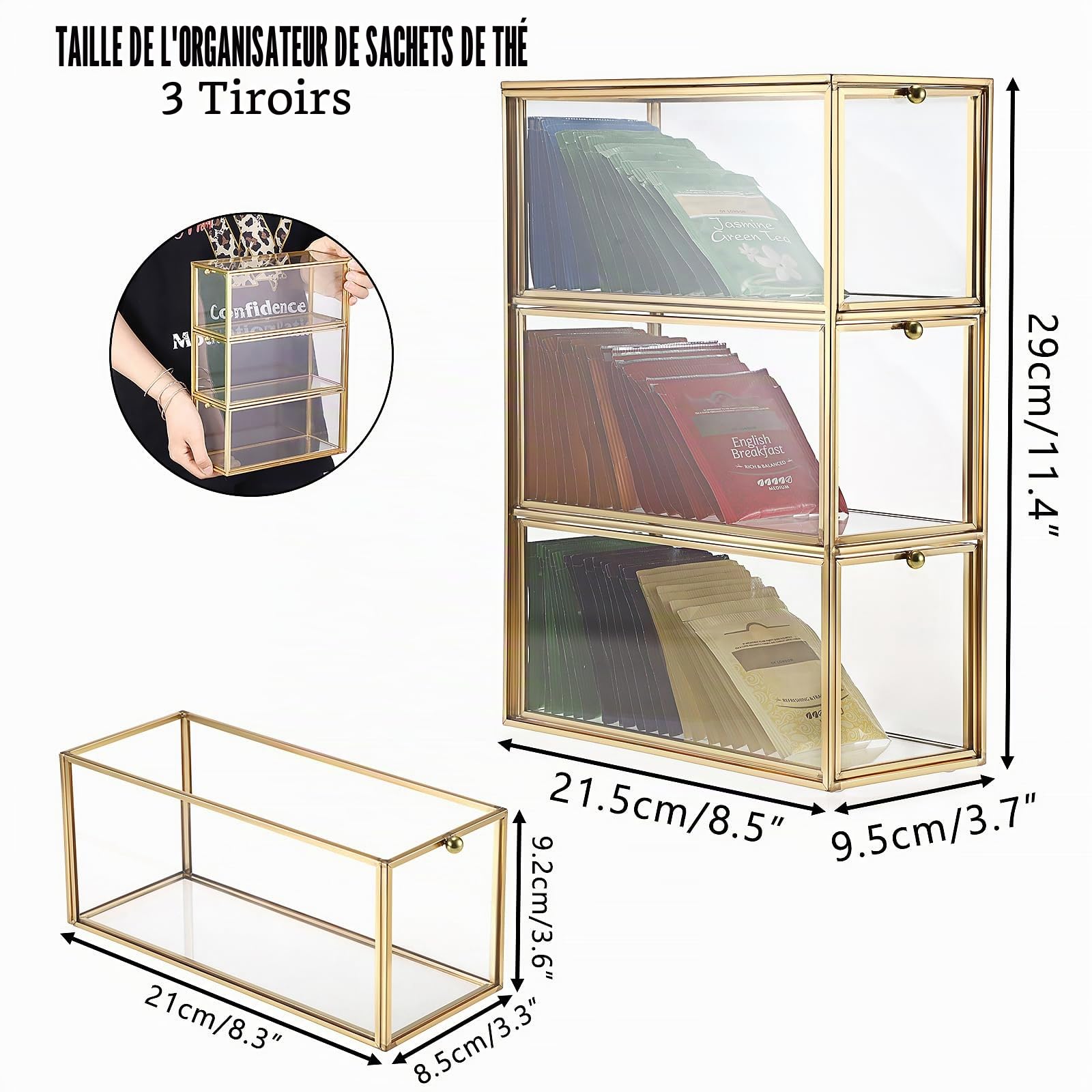 SUMTree Organisateur de sachets de thé en verre avec 3 tiroirs dorés - Boîte de rangement polyvalente vintage pour cuisine, bureau, thé, expresso, sucre, capsules de café