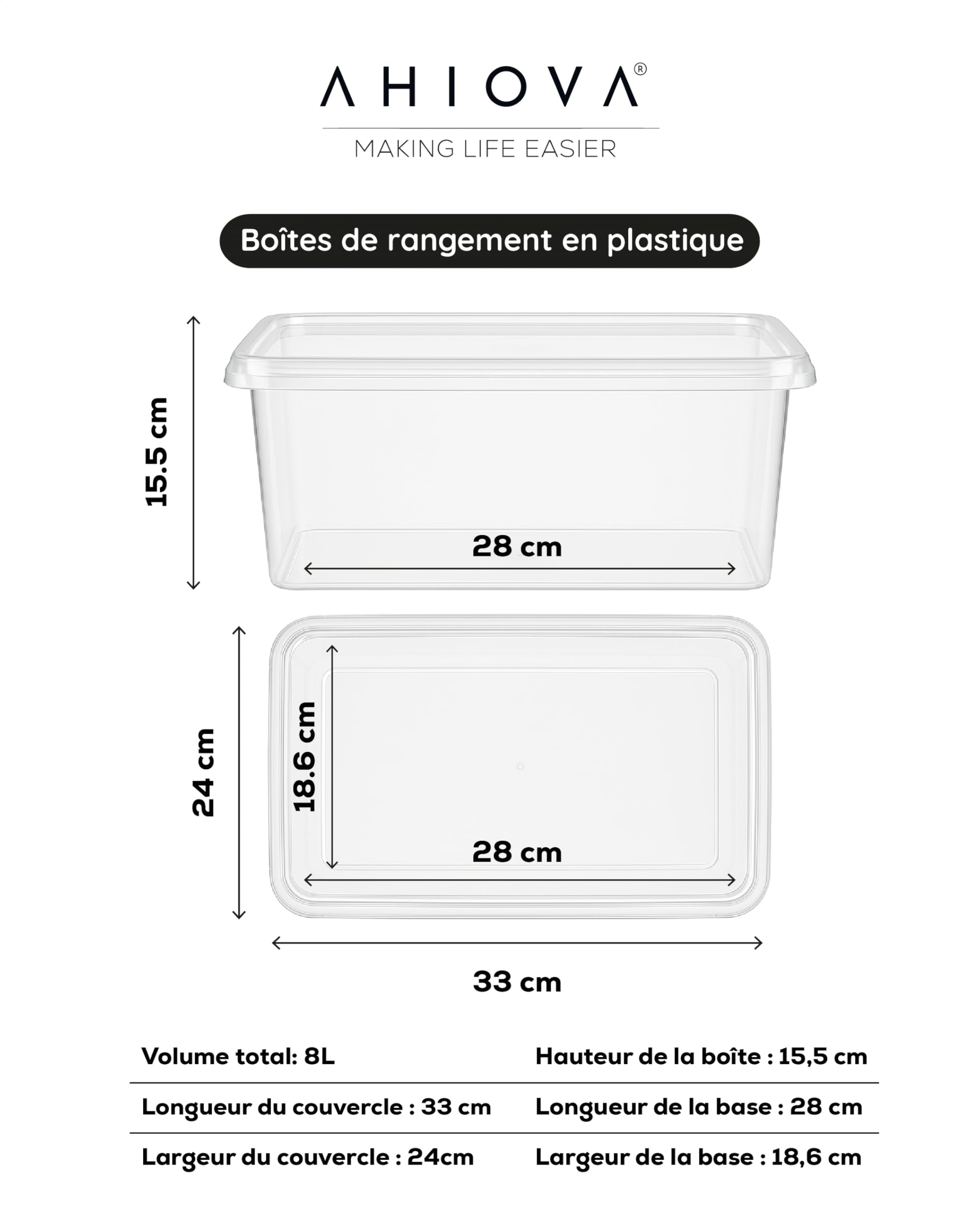 Boites Rangement Plastique 8L avec Couvercle Lot 5 Empilables 100% Transparentes Clic Pression 33x24x15,5cm Salle Bain Garage Bureau Maison Sans BPA