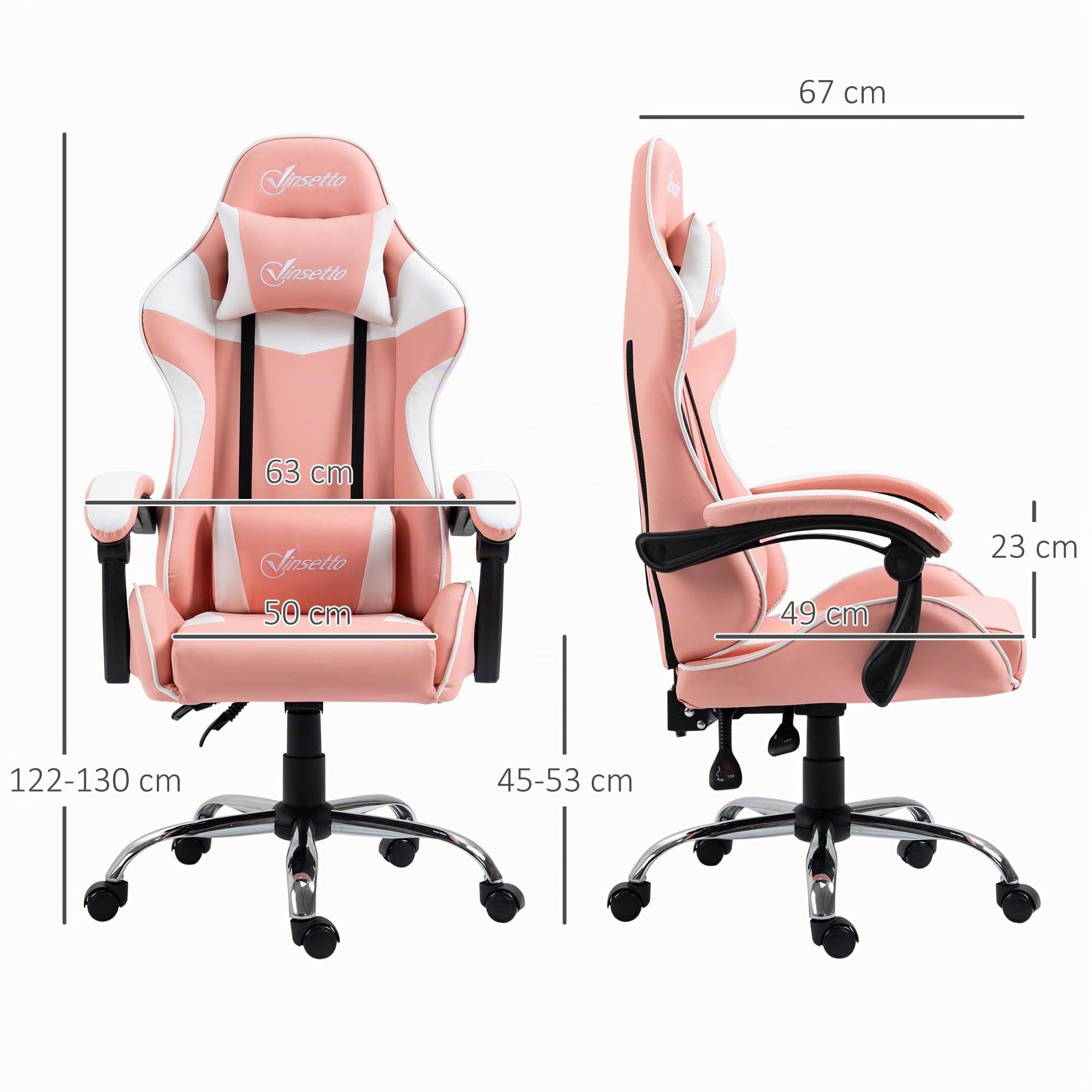 Vinsetto Silla Gaming Giratoria Reclinable 135° 63x67x122-130 cm Rosa | Silla Gamer Racing, Altura Ajustable, Reposacabezas, Cojín Lumbar, para Oficina Estudio