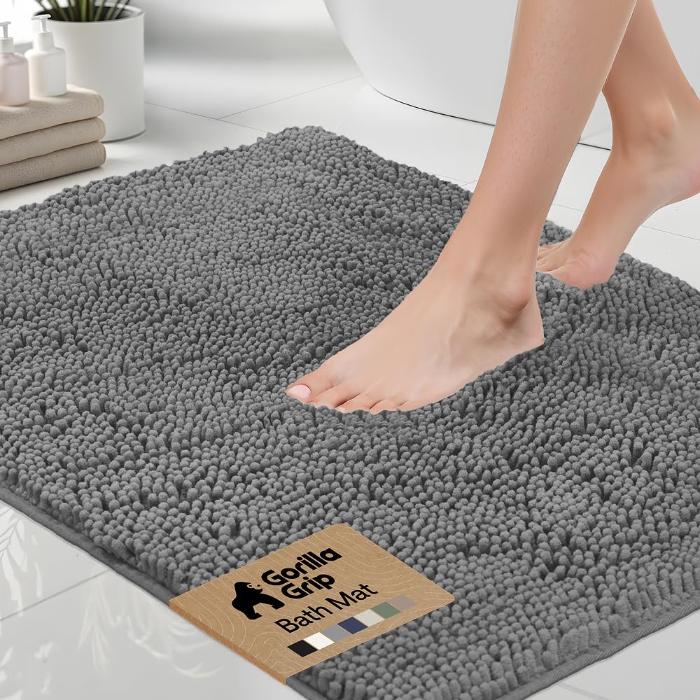 GORILLA GRIP Bath Rug Mat, Thick Soft Absorbent Chenille, Quick Dry Microfiber Mats, Rubber Backing Washable Shower Floor Rugs, US Designed Bathroom Bathmat Home Decor Accessories, 24x17, Grey