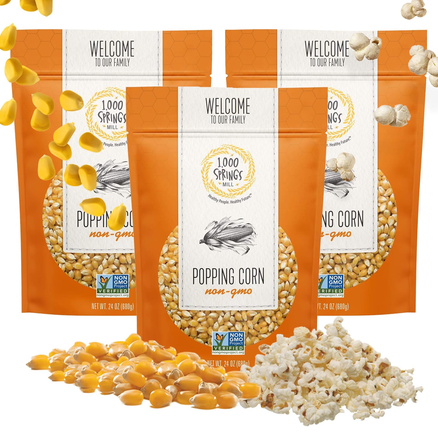 1000 Springs Mill Dry Popcorn Kernels - Non-GMO, Healthy Snack for Microwave or Stovetop - Bulk Organic Popcorn Kernels with Resealable Bag - Enjoy