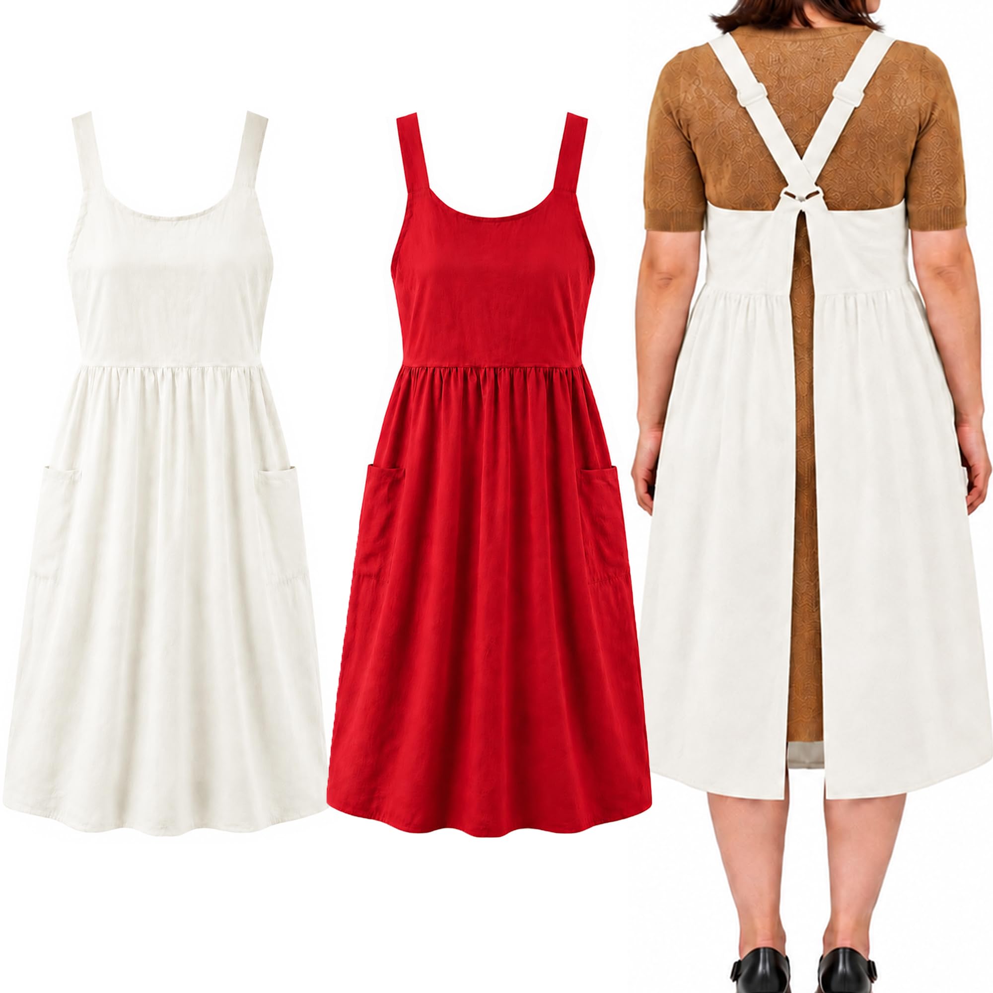 Uaussi Delantal de algodón y lino con espalda cruzada, delantal de trabajo para mujer con bolsillos, vestido de pinafore X Cruz Halter delantal para chef jardinería, Paquete de 2, rojo y blanco, talla