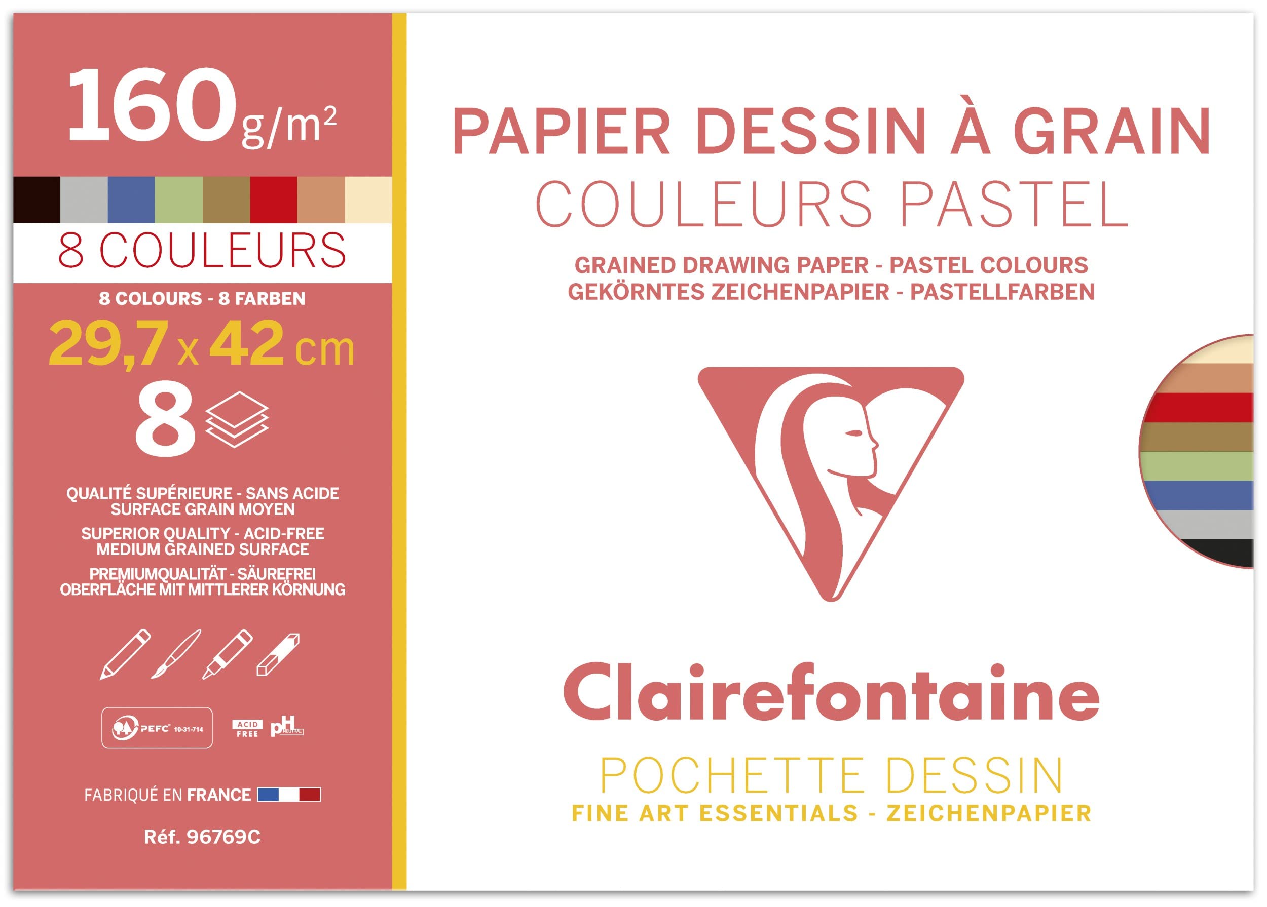 Clairefontaine 96769C - School Drawing Pad - 8 Sheets of Assorted Pastel Coloured Grain Drawing Paper - A3 29.7x42 cm 160g - Ideal for Art - Made in France