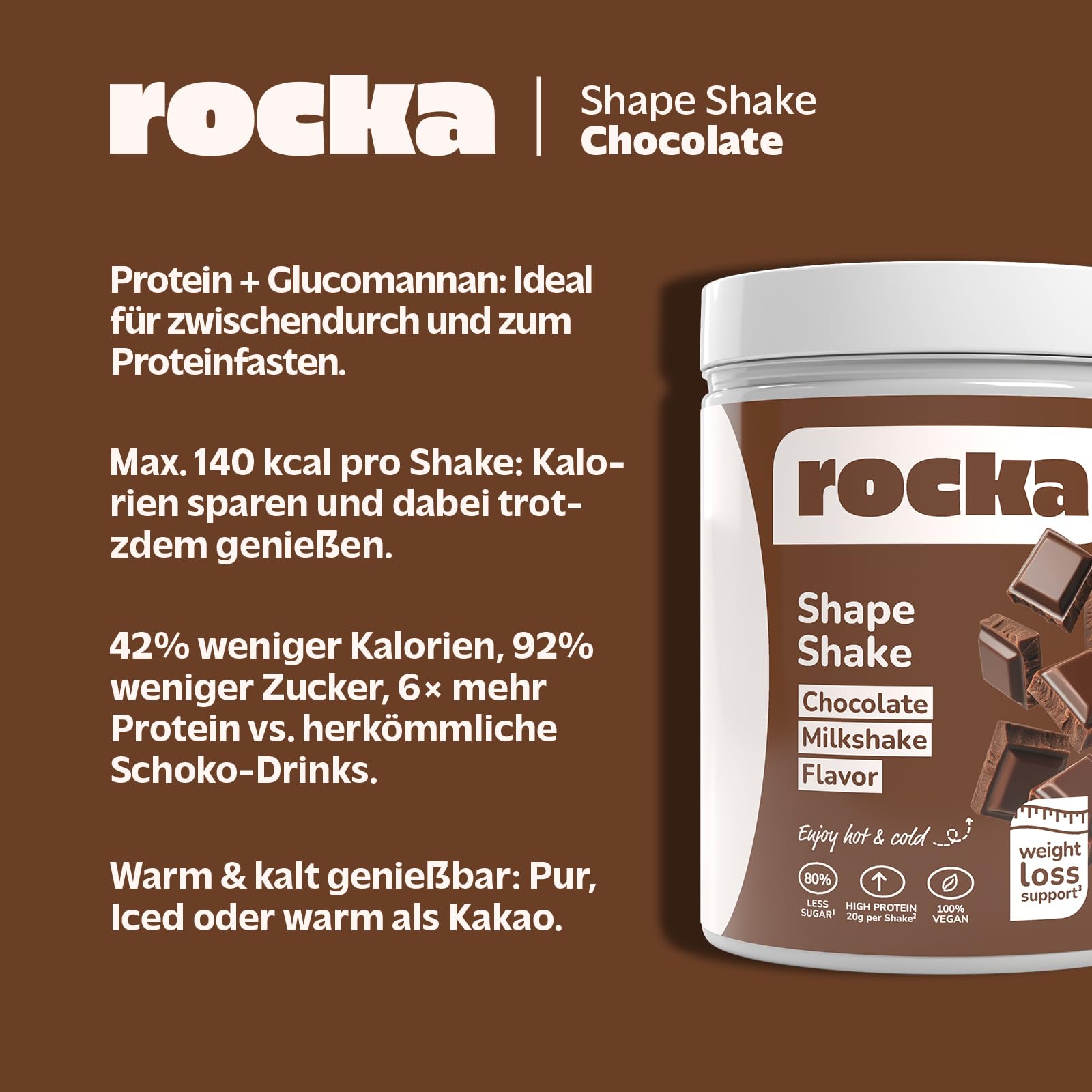 Rocka Nutrition Shape Shake veganes Proteinpulver mit Glucomannan | Veganer Protein Shake mit Ballaststoff zum Abnehmen | Daily Weight Loss Support | 100% Geschmack (600 g, Chocolate Milkshake)