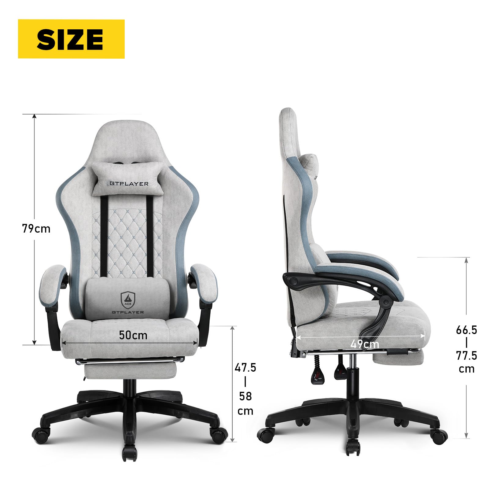 GTPLAYER Silla Gaming Tela Ergonómica Transpirable Silla Gamer Reclinable con Reposapiés, Cojín Lumbar y Reposacabeza Sillas Gaming Regulable en Altura para Juegos de Estudio y Trabajo Gris