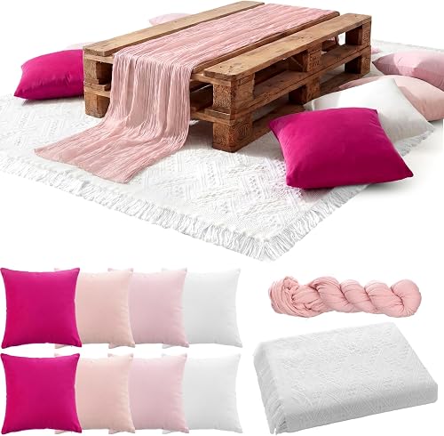 Moukeren 10 Pcs 71''x102'' Extra Large White Outdoor Boho Picnic Blanket with Pink Table Runner 8 Throw Pillow Cover Oversized Washable Portable Beach Blanket for Valentine Picnic Camp Lawn Wedding