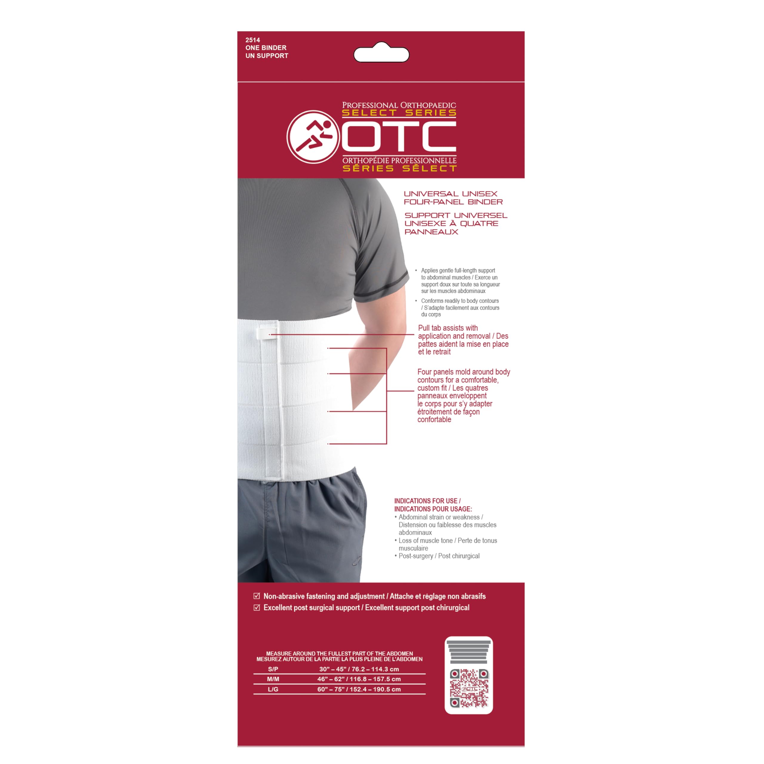 OTC Abdominal Binder, Chest Support Brace, Rib Fracture, Unisex, Four-Panel, White, Large