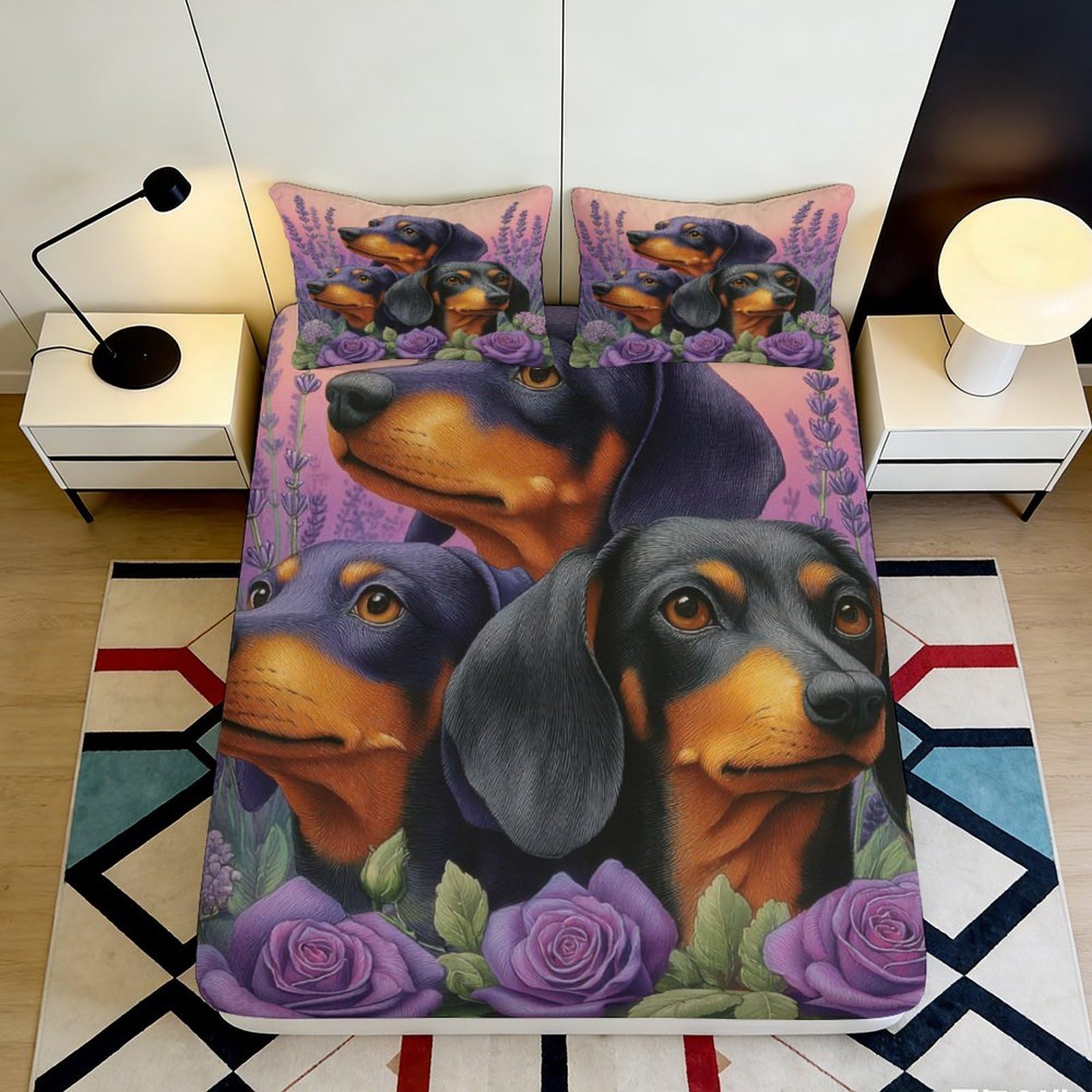 Pnayamiorkfel Style-1 3D Printed Dachshund Floral Fitted Sheet Microfiber Purple Dog Pattern Mattress Cover For Bedroom Dorm Decor Easy Care 90X200x25cm