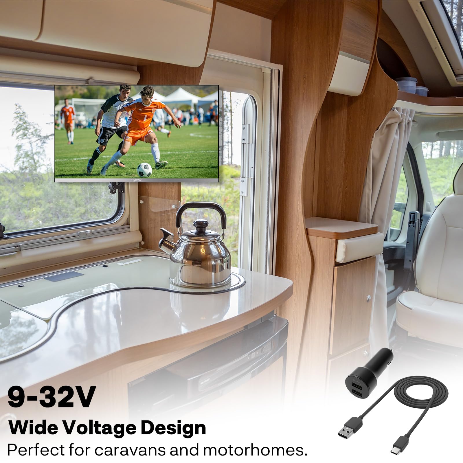 SYLVOX 22" Google 12V TV pour Camping - 1080P, Lecteur DVD Intégré,DVB-T2 | DC 12V Google Television Triple Tuner Intégré DVB-T2/S2 Lunette Extrêmement étroite Téléviseur pour Camping, Salon,Caravane
