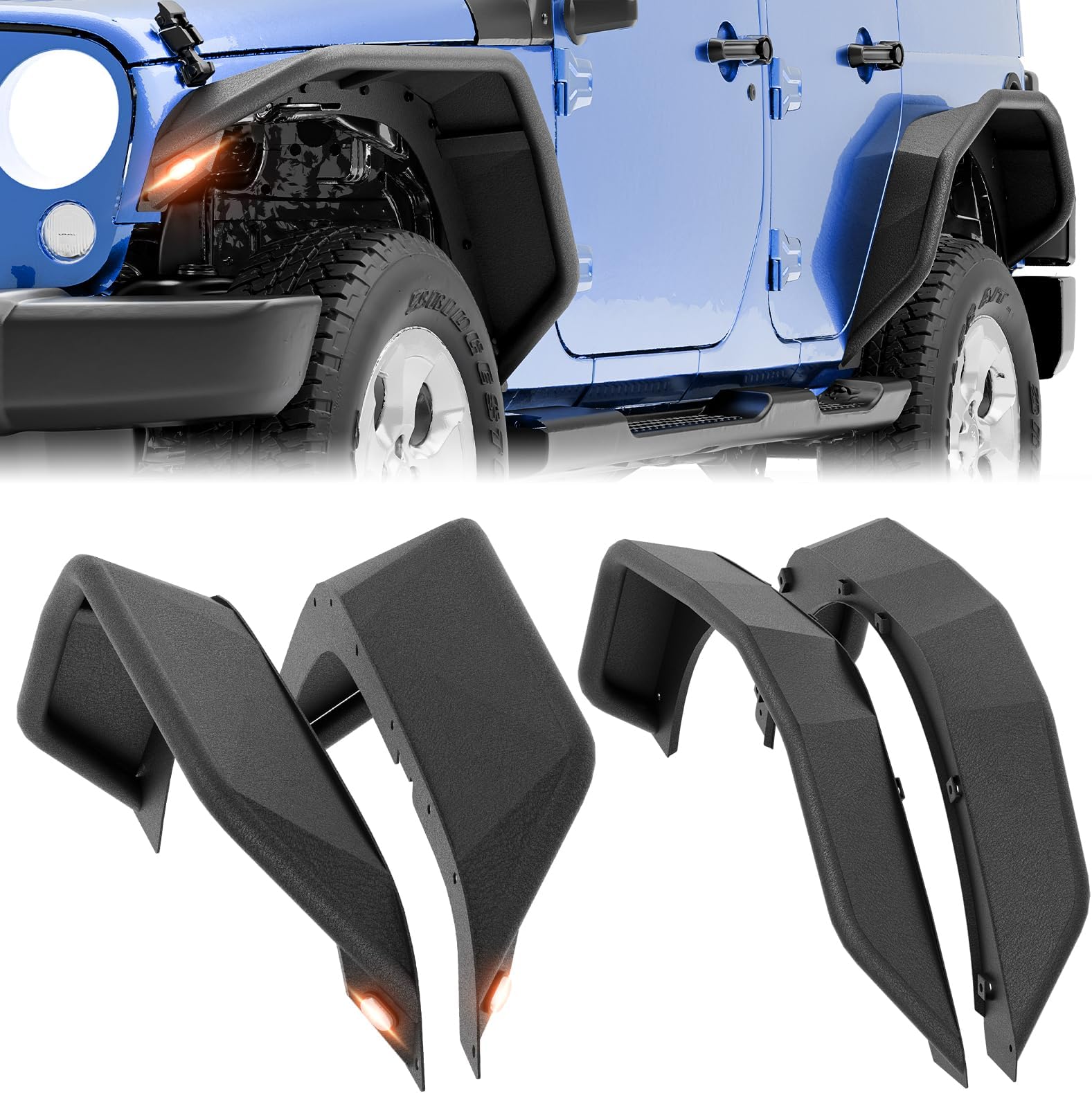 for Wrangler JK Tubular Front and Rear Fender Flares with Turn Signal Lights Compatible with 2007-2018 Jeep Wrangler JK JKU Unlimited 2/4 Doors, 4-PCS Steel Tube Mud Guard Off-Road Wheel Fender