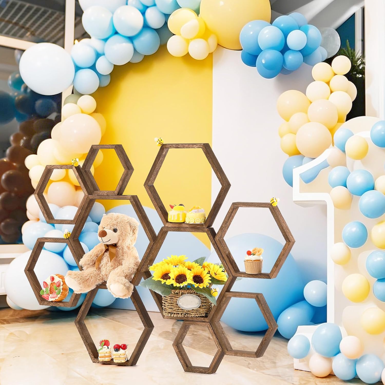 Gerrii 10 Pcs Honey Comb Decorations 5 Sizes Wood Hexagon Shelves Honeycomb Centerpiece Cupcake Stand Wooden Bee Hive Display Holder for Baby Shower Honeybee DIY Birthday Party Decor (Dark Brown)