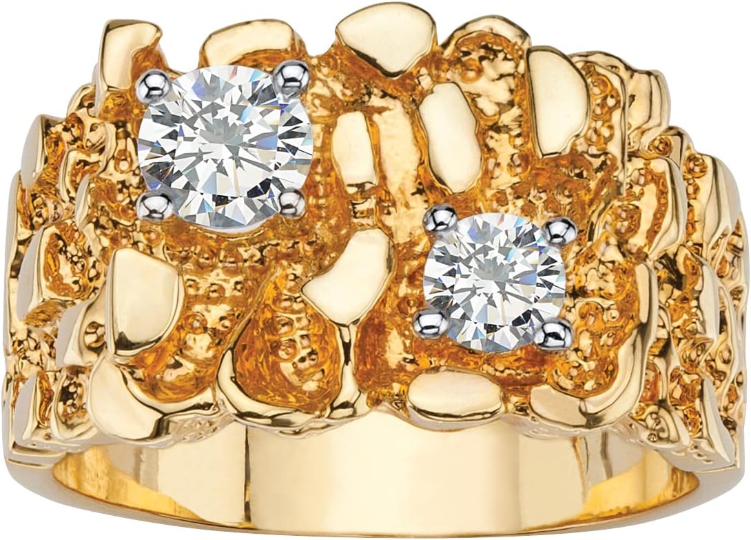 PalmBeach Men's Yellow Gold-Plated Round Cubic Zirconia Nugget Ring Sizes 8-13