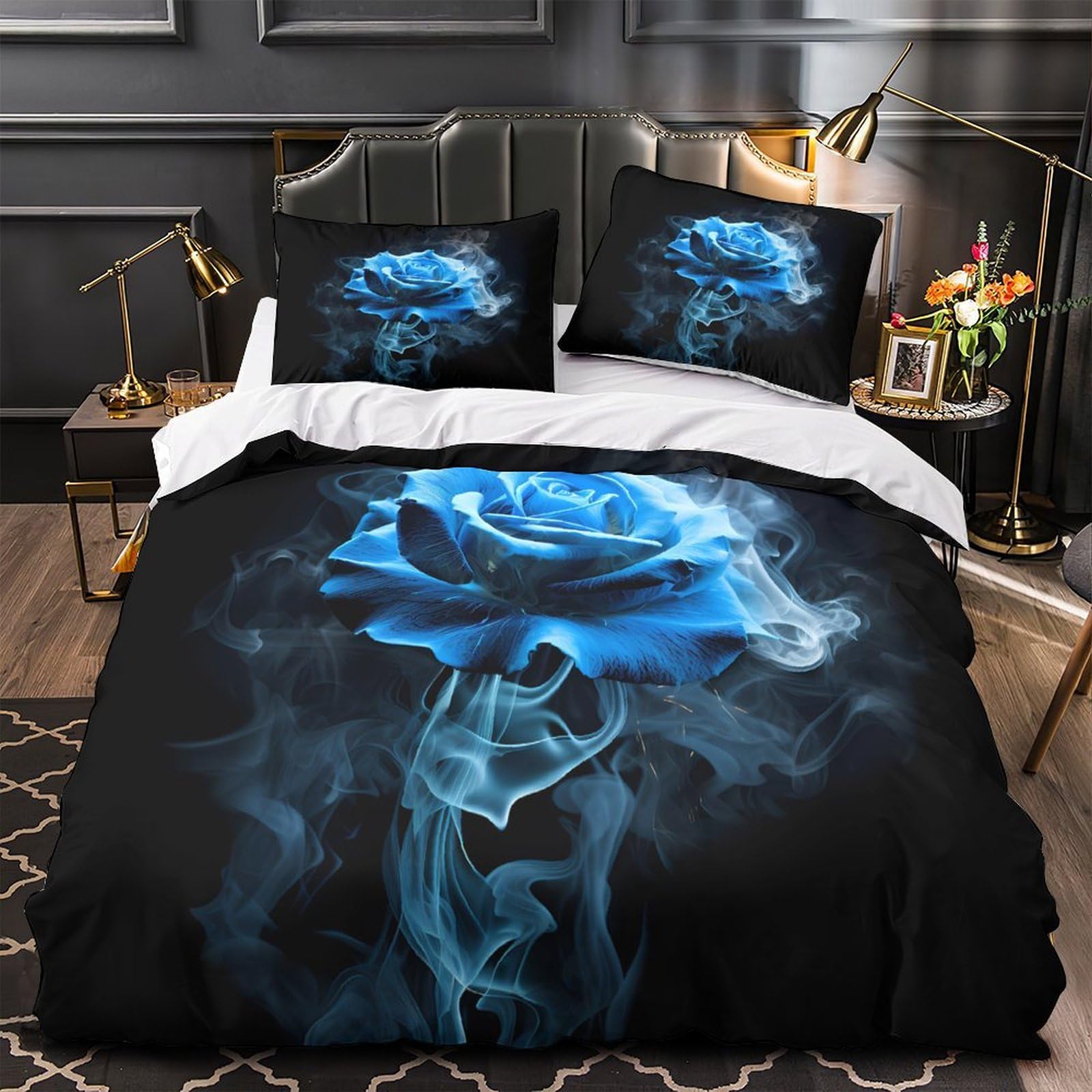 Linge de lit roses bleues impression 3D haute définition en tissu microfibre résistant