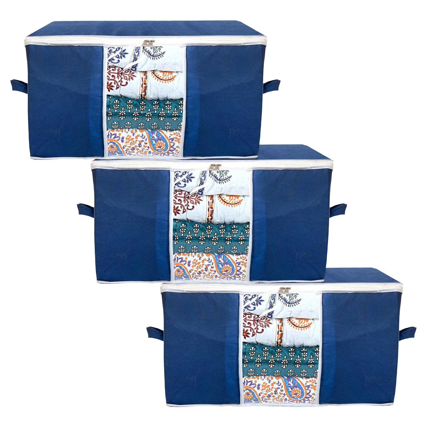 Kuber Industries Non-Woven 3 Piece Under Bed Foldable Organizer|Clothing Storage Bags|Blanket, Quilt, Comforter Cover (Navy Blue)-image-32