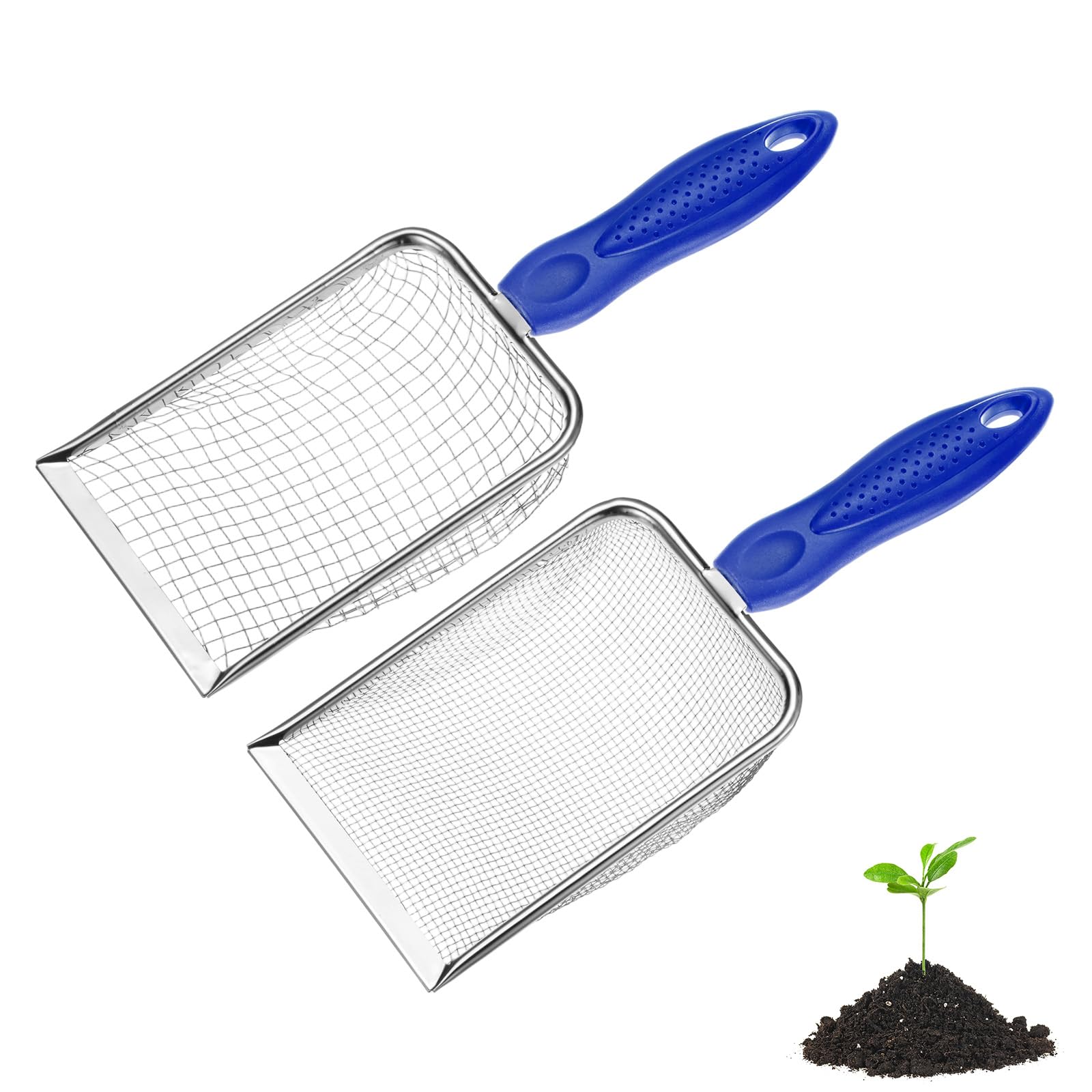 M METERXITY 2-Pack Gardening Soil Sifter, 5/2 mm Mesh Stainless Steel Portable Gardening Sifter with Non-Slip Handle for Sand/Dirt/Rock/Compost [White, Blue]