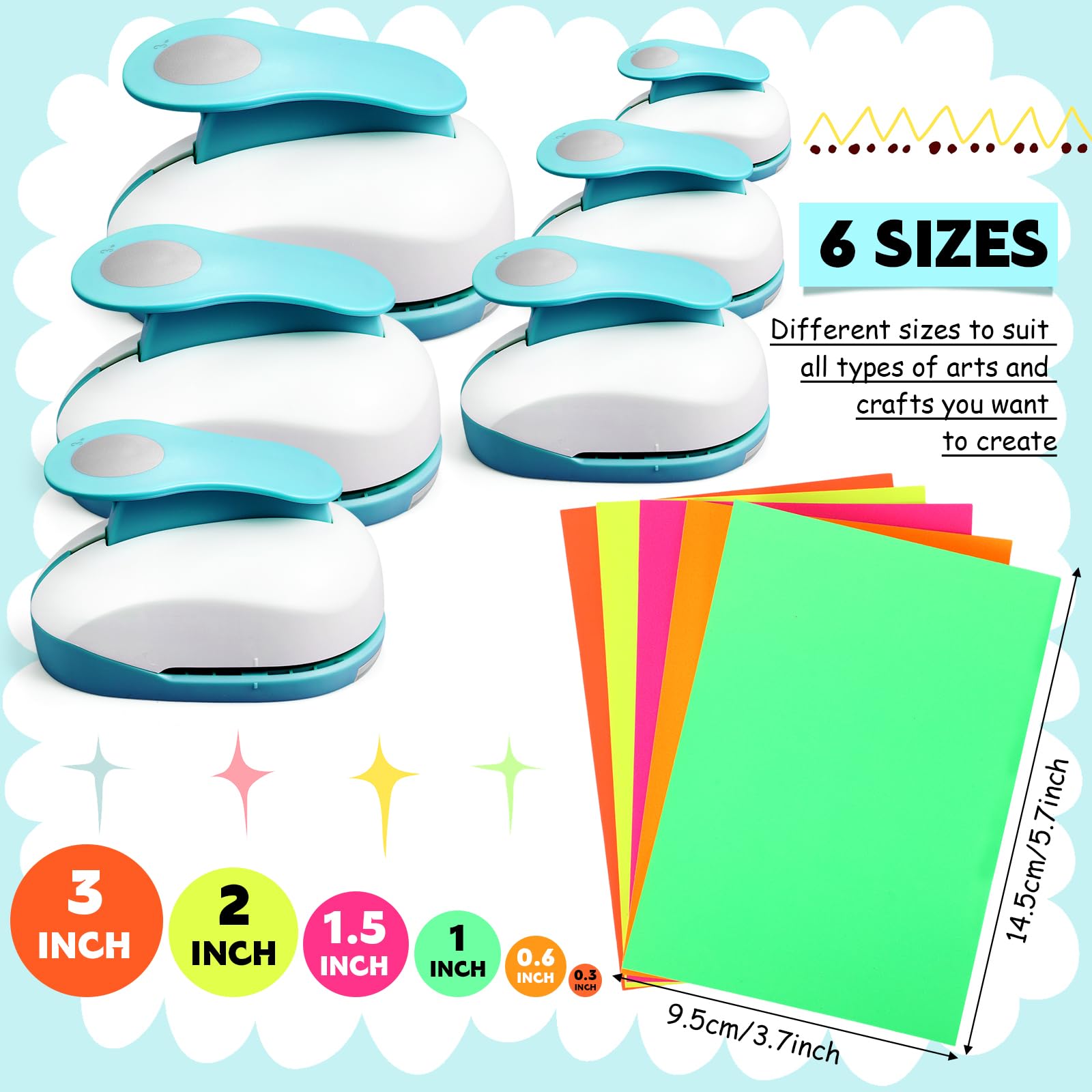 CHENGU Set di 6 perforatrici circolari da 7,6 cm/5,1 cm/3,8 cm/2,5 cm/1,5 cm/0,8 cm, con 10 adesivi rotondi per carta, scrapbooking, design per ufficio, fai da te, colore: blu